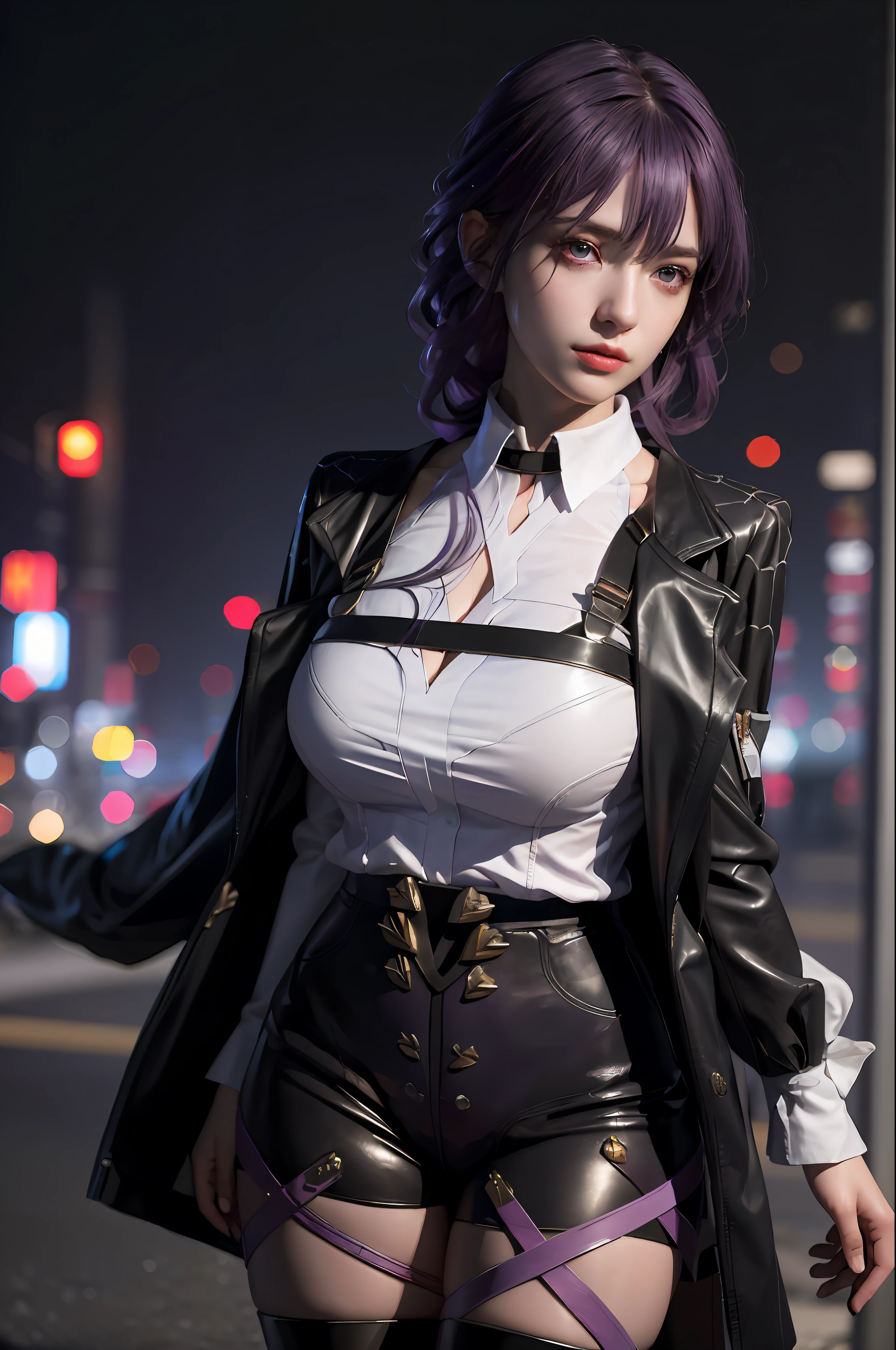 (photorealistic:1.4), raw photo, 1girl, purple eyes, purple hair, (eyewear on head), stellaron hunters outfit, black jacket, jacket on shoulders, shirt, shorts, pantyhose, boots,deep shadow, detailed face, detailed eyes, depth of field, bokeh, vibrant details, finely detailed, hyperrealistic, 35mm film, hazy blur,upper body,, masterpiece,ultra realistic,32k,extremely detailed CG unity 8k wallpaper, best quality