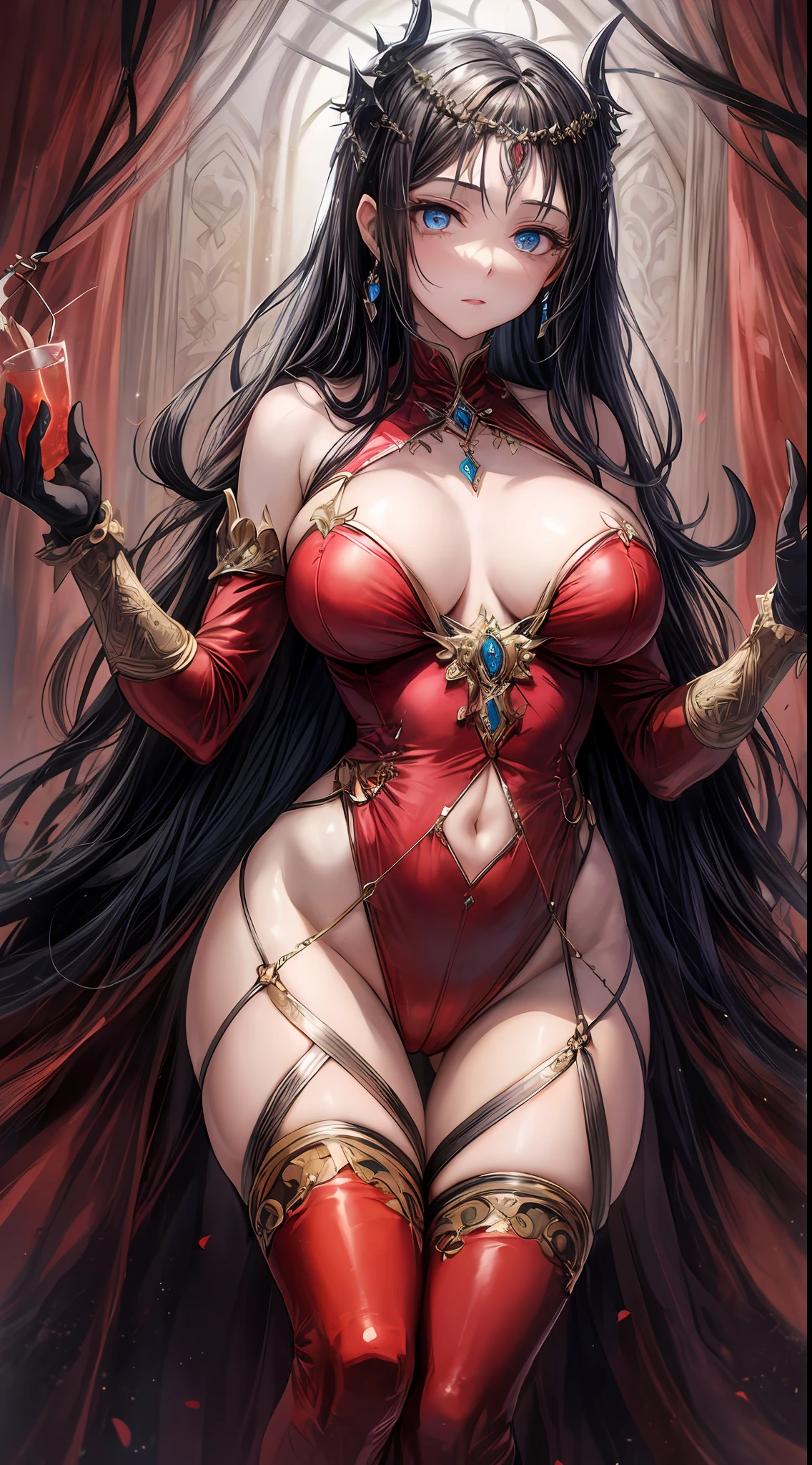 In the darkest realms, a formidable figure stands forth, a demon queen entwined with the essence of lust and desire. Her eyes, a mesmerizing shade of crimson, hold a seductive allure that beckons even the most resistant souls. A regal crown adorns her raven-black hair, signifying her dual role as both a demon queen and the goddess of lust. Her commanding presence, draped in an opulent, crimson gown, radiates power and temptation. Whispers of desire swirl around her, weaving an irresistible charm that ensnares both mortals and immortals alike. An embodiment of indulgence and allure, she reigns with a captivating intensity, her divine essence drawing all into her enchanting grasp.