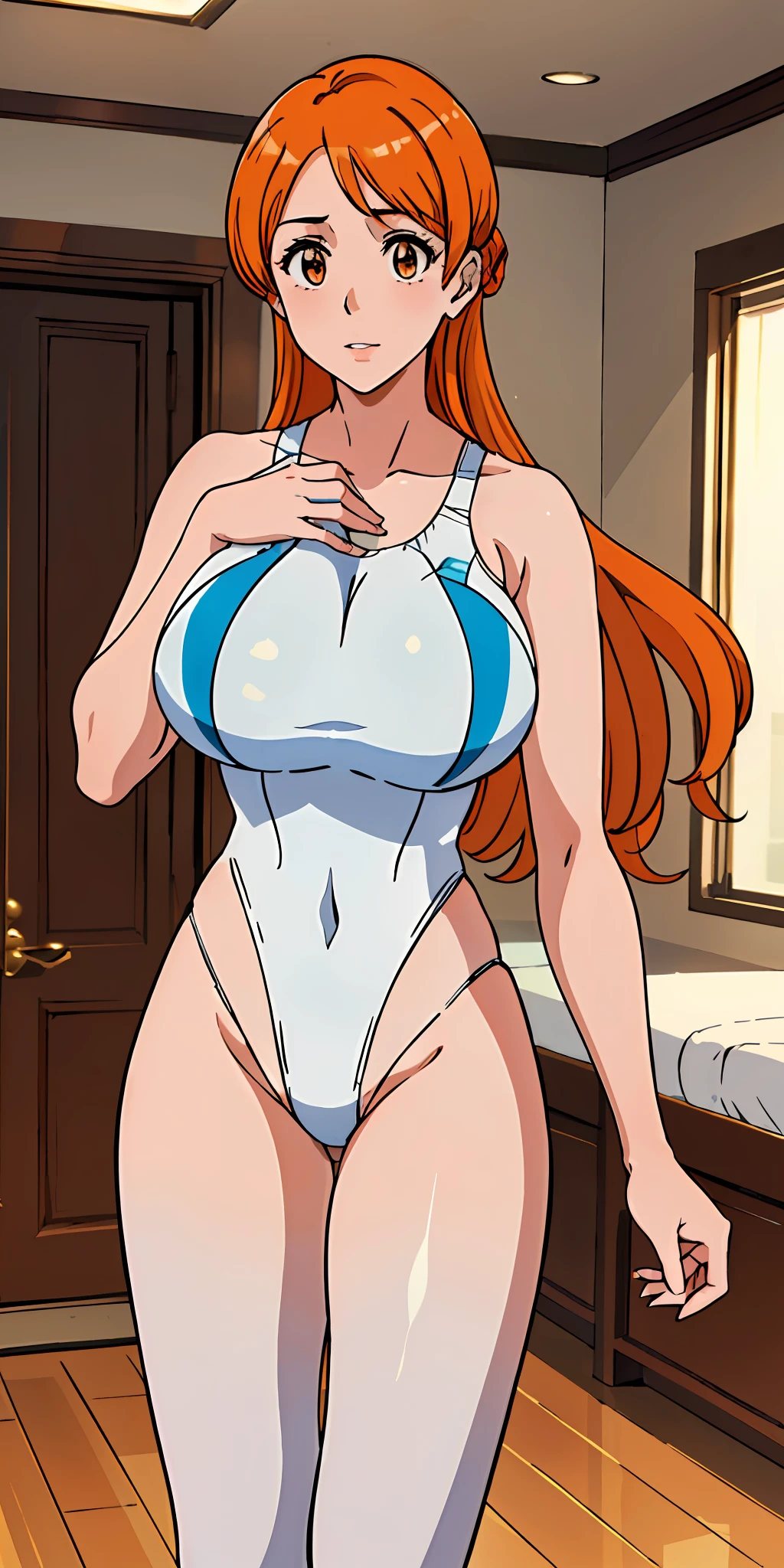 (((top-quality、masterpiece)))、1girl in、((a room))、((Duan))、A stunning、Pubic hair shows through、((Orange hair))、(Longhaire)、barechested、A sexy、(((White Leotard Swimsuit)))、(((Colossal tits)))、large full breasts、Sheer areol、I can see my chest a little