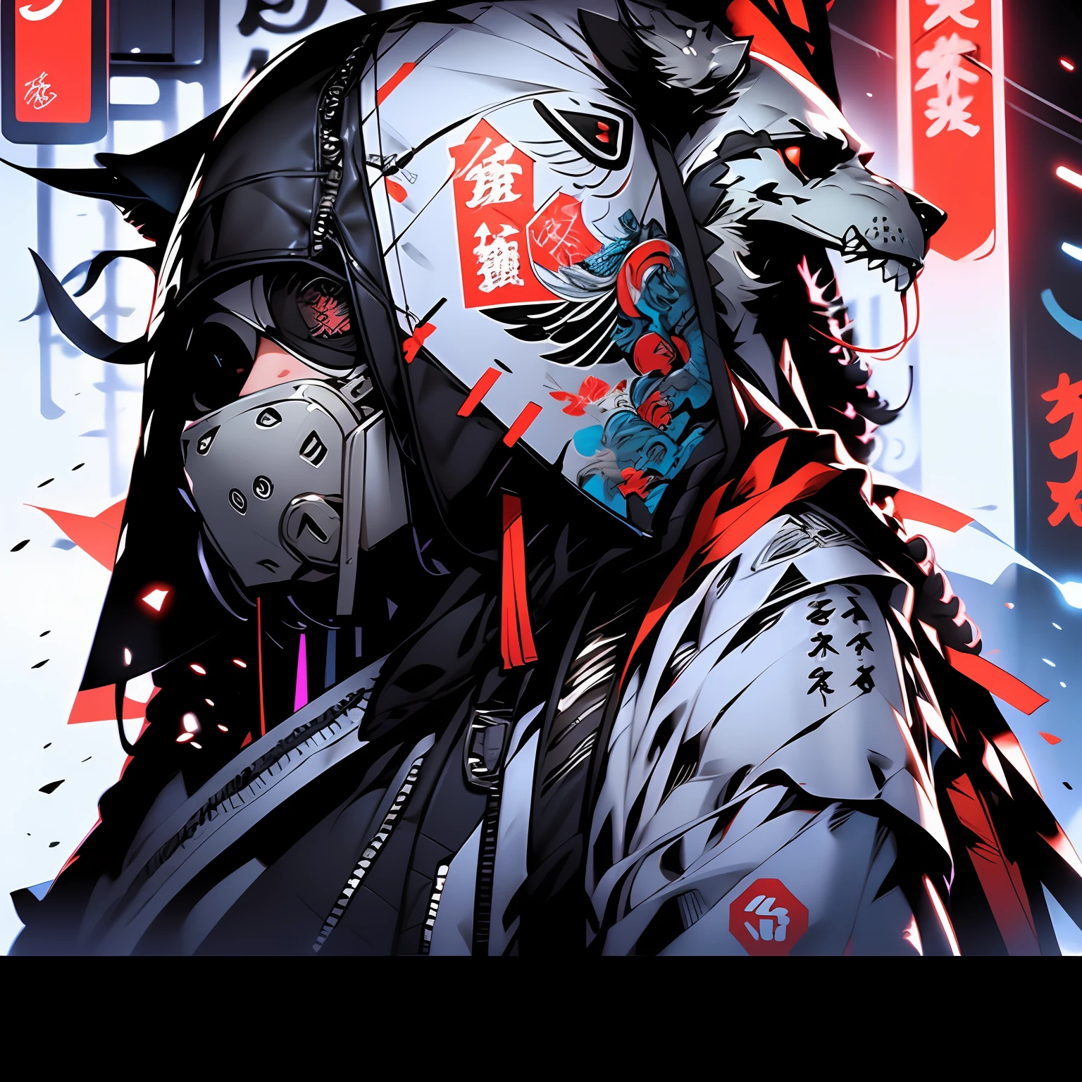 ((holy Angel)),Create an AI illustration of a young girl with black short hair, shiny hair, colored inner hair, floating hair, red eyes, (eyepatch), and headphones. She resembles a samurai, (She wears Japanese armor), She wears armor while pairing it with a miniskirt, showcasing her unique style. Please generate the illustration in the highest quality possible. oblique view view, facial profile, hyper detailed, intricate detailed, Wide shot of ruins, in a photorealistic 4DCG style.