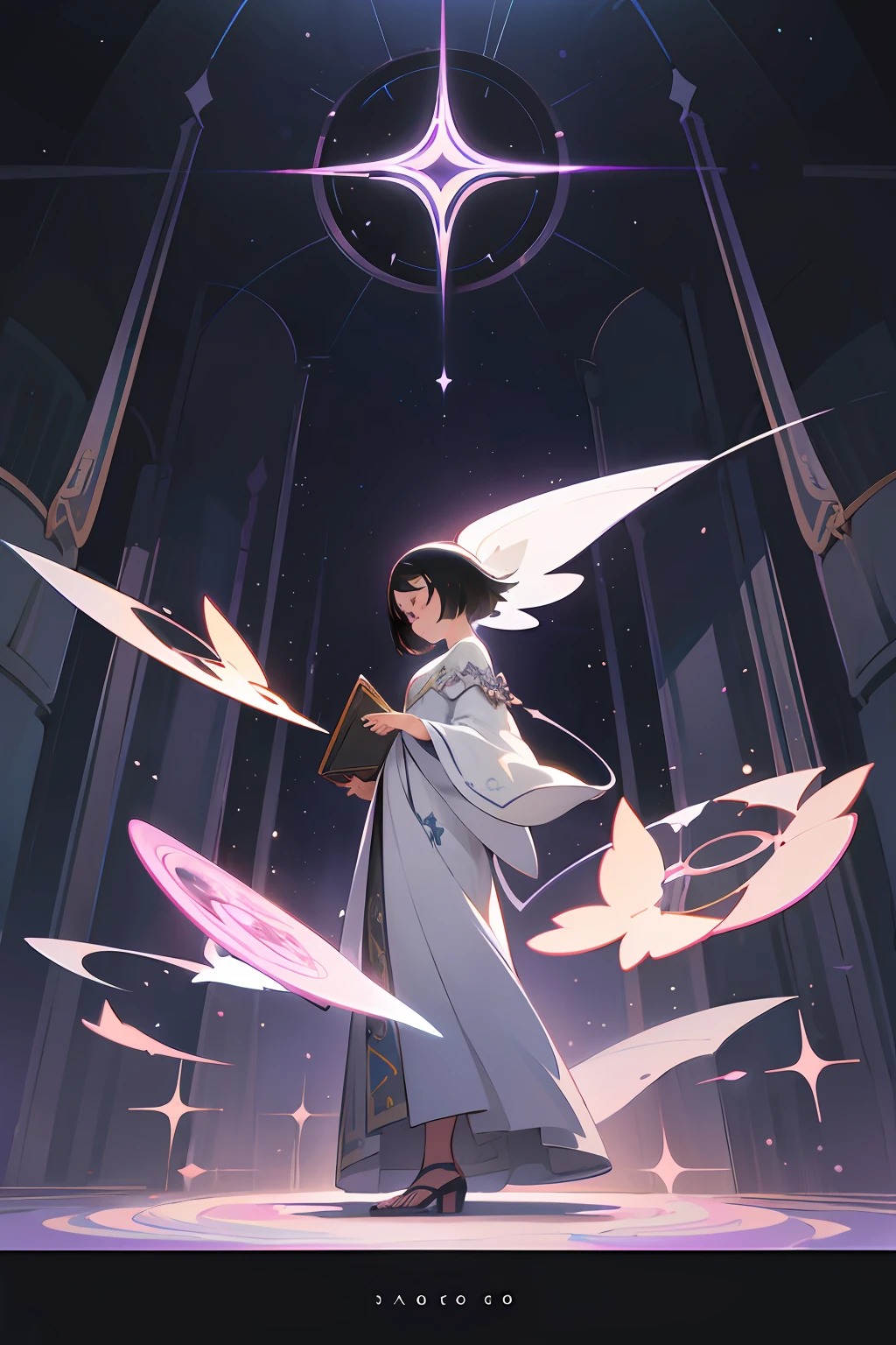 Sandals,Grey long dress、robe,Short black hair、Geometric pattern,abajour、intergalactic、Book of Magic、Priest、Solarium at night、sacredness、dignity,refinement,Exquisite painting,Lovely digital painting,digital art in anime style,style of anime。8K,a beautiful artwork illustration,adorable digital art
