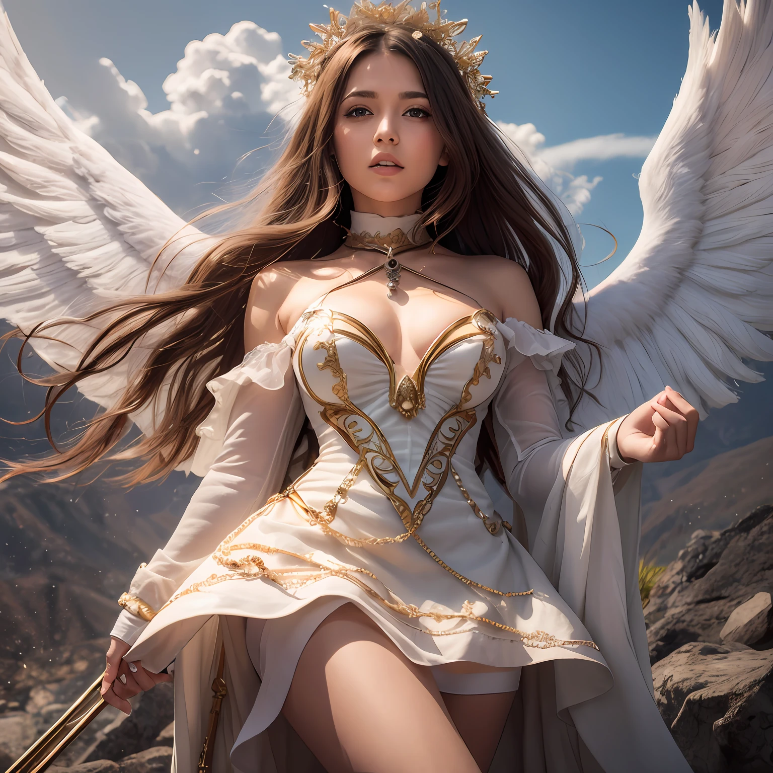 Angel woman, ray wreath crown, breezy weather, holding a windstaff ,4k