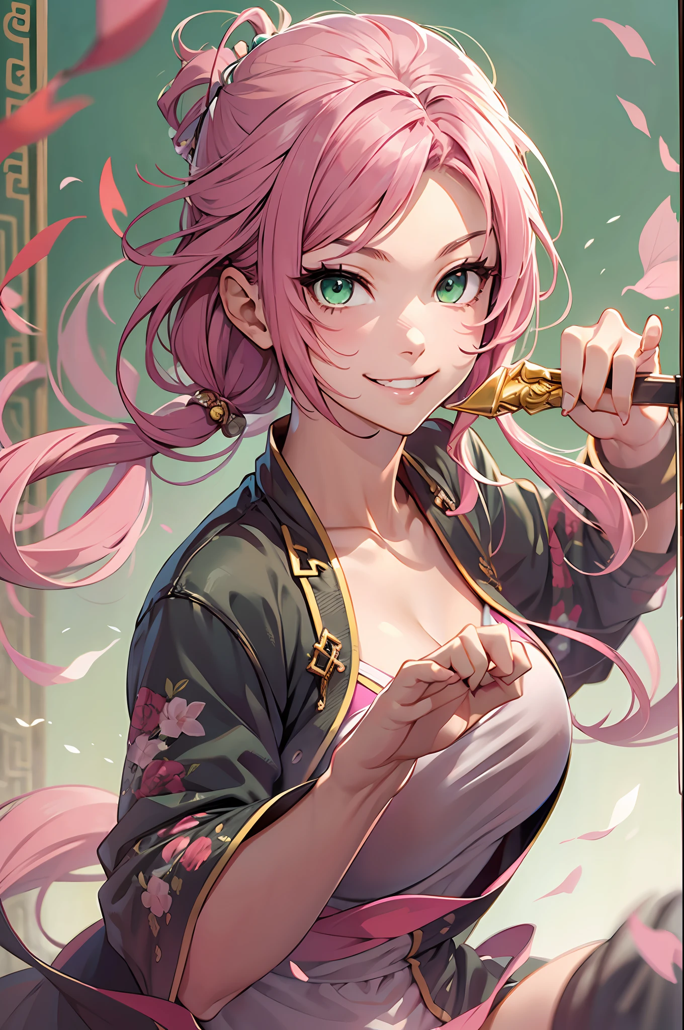 Kung Fu Style Girls、Pink hair green eyes、A smile、full body Esbian