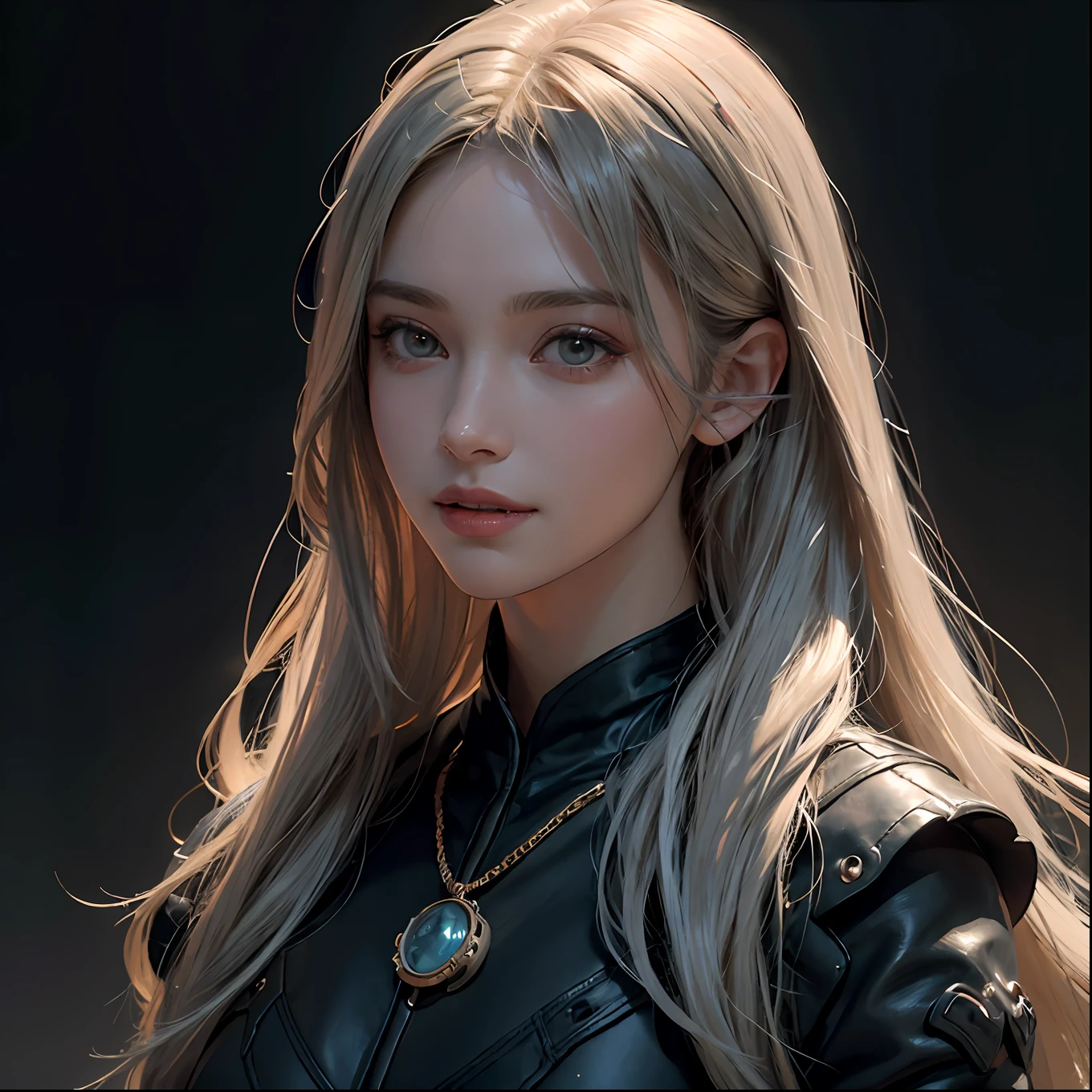 (front focus), (in the dark:1.6), Hyperrealist portrait of female by david hockney and alphonse mucha, fantasy art, photo realistic, dynamic lighting, artstation, poster, volumetric lighting, very detailed faces, 8 k, award winning, 1girl, in the dark, deep shadow, low key, cowboy shot, (official clothing:1.4), long hair, white hair, smile, ultra detailed skin,