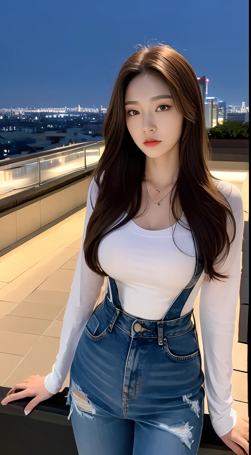((Midnight, Best quality, 8k, Masterpiece :1.3)), Whole body, Long legs, Sharp focus :1.2, A pretty woman with perfect figure :1.4, Slender abs :1.1, ((Dark brown hair, Big breasts :1.2)), (White tight tshirt, Jean bib, Standing:1.2), ((Night city view, Rooftop:1.3)), Highly detailed face and skin texture, Detailed eyes, Double eyelid