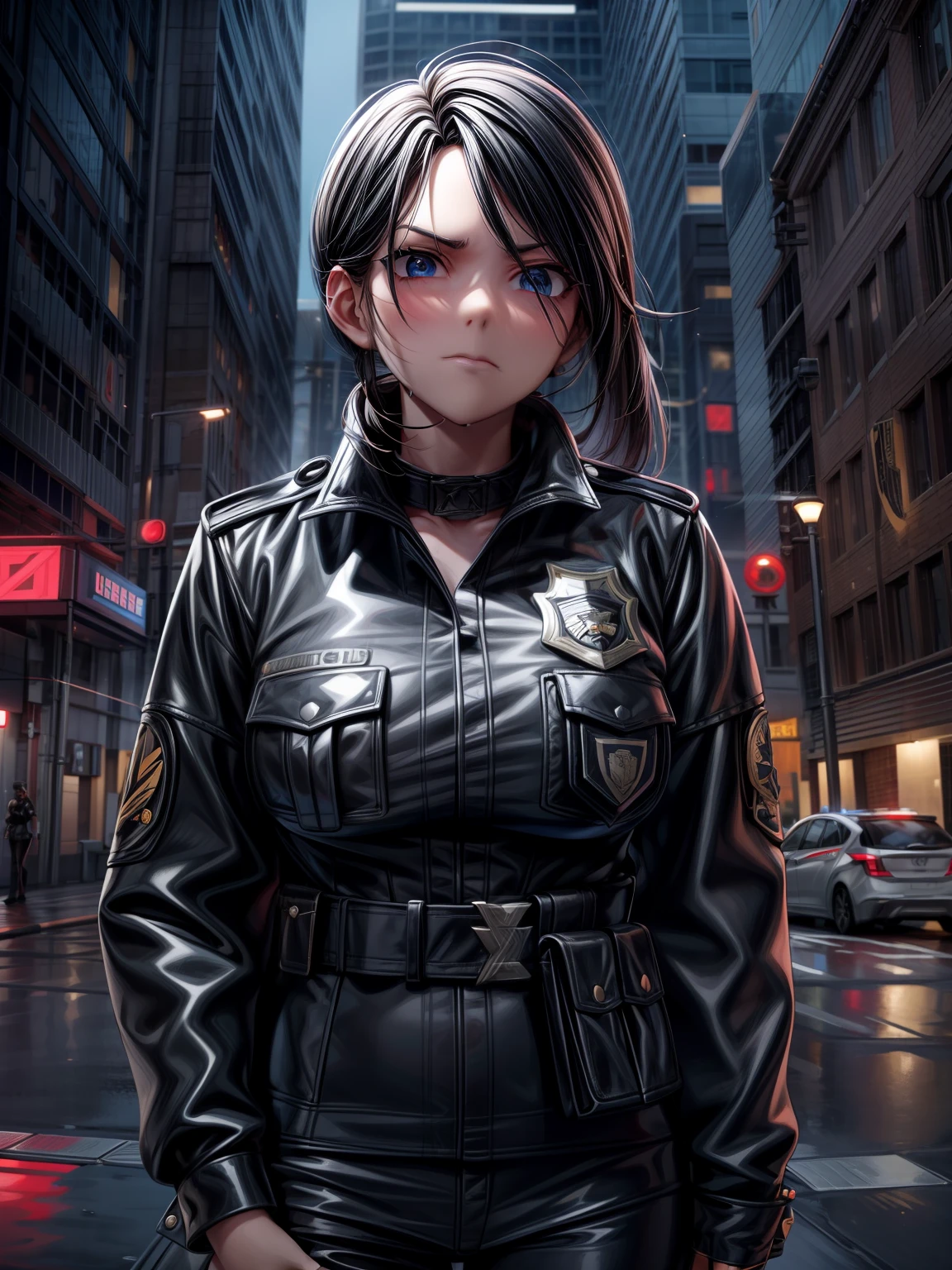 A brave police woman, wearing a black leather outfit tight to her body, with a shiny badge on her chest. His eyes show weariness, but also determination and perseverance. She is standing in the middle of a deserted and gloomy street, with tall buildings all around, creating an atmosphere of imminent danger. The dim lights of the city cast mysterious shadows, revealing only a few details: puddles of water on the street wet by recent rain, a flash of neon reflected in the windows, a danger sign flashing red. The setting conveys a sense of urgency as the police woman looks directly at the viewer, ready to face whatever challenge presents itself.