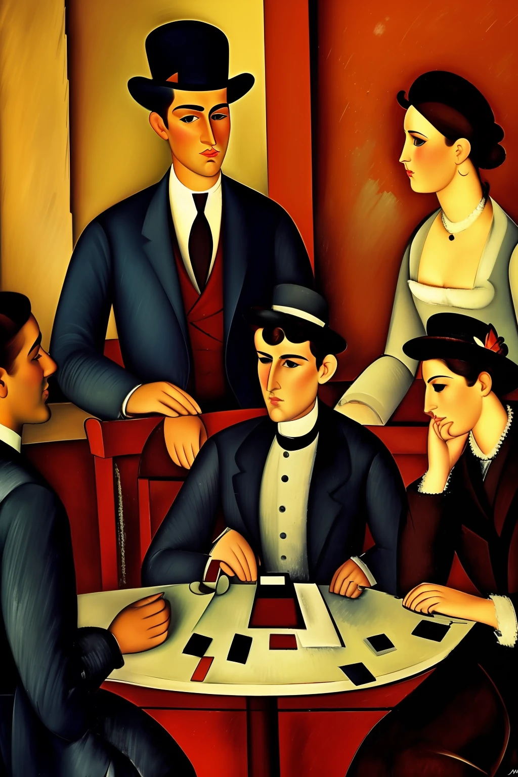 4 characters play cards in a Paris cafe in the early 20th century, los invitados son ((characters from the works of Amedeo Modigliani seated according to the composition of the image to be generated , otros personajes de pie en el fondo o a los lados))cinematography lighting, ultra detallado, Pintura digital, Artstation, arte conceptual, Suave, foco nítido, illustration, (piel alta y detallada:1.2), 8k UHD, DSLR, Soft lighting, alta calidad, Film grain, Fujifilm XT3 mix4 Wildstyle RAW foto,