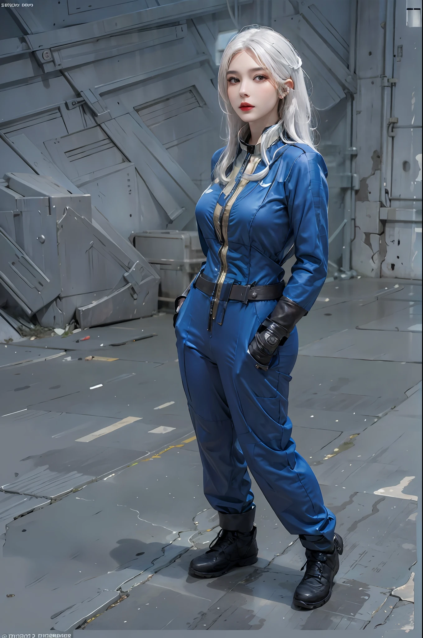 photorealistic, high resolution, 1women, solo, hips up, look at viewer, (detailed face), white hair, long hair, vaultsuit pipboy3000, blue suit