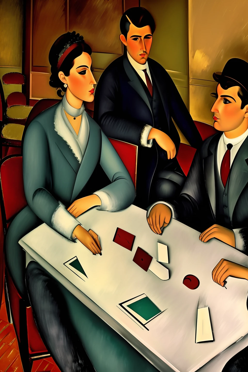 4 characters play cards in a Paris cafe in the early 20th century, los invitados son ((characters from the works of Amedeo Modigliani seated according to the composition of the image to be generated , otros personajes de pie en el fondo o a los lados))cinematography lighting, ultra detallado, Pintura digital, Artstation, arte conceptual, Suave, foco nítido, illustration, (piel alta y detallada:1.2), 8k UHD, DSLR, Soft lighting, alta calidad, Film grain, Fujifilm XT3 mix4 Wildstyle RAW foto,