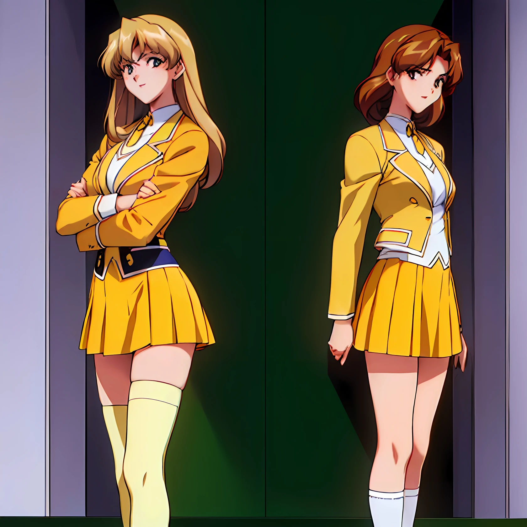 RETRO ARTSTYLE, 1990S (STYLE), ((Masterpiece, highres)), 2girls, duo, twins, ((one brown haired girl, one blonde girl)), long hair, curly hair, matching hairstyles, different hair color, confident, elegant, rich girls, emotionless, arms at sides, straight backs, (((matching outfits, identical outfits, yellow school uniforms, sexy school uniforms, yellow blazer, yellow short skirt, white thighhighs, long white socks, black high heels))), standing at attention, shoulder to shoulder, same pose, mansion