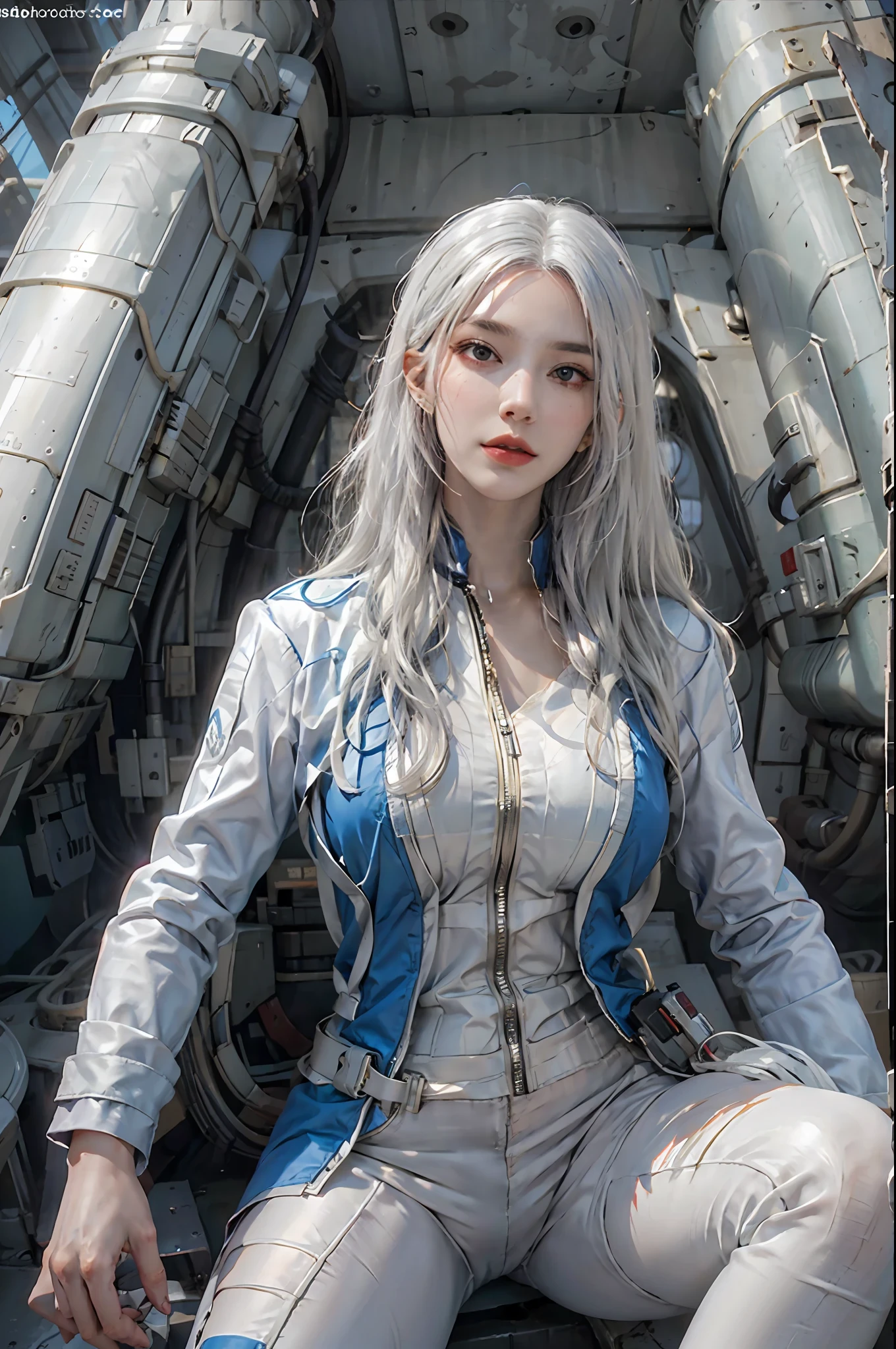 photorealistic, high resolution, 1women, solo, hips up, look at viewer, (detailed face), white hair, long hair, vaultsuit pipboy3000, blue suit