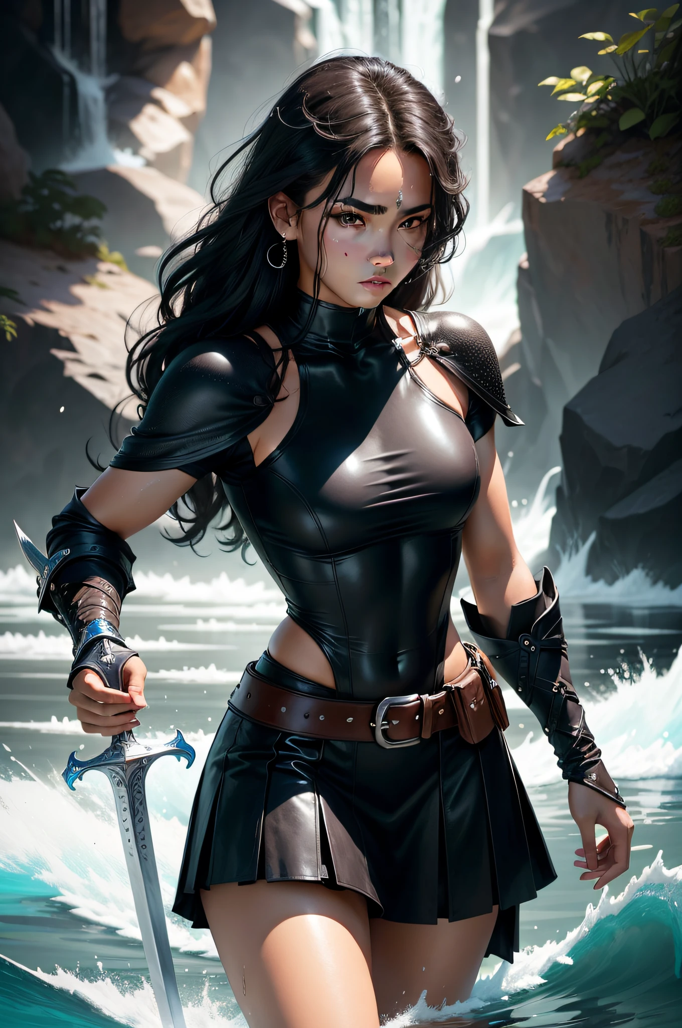 18yr old,cabelos preto e longos,Icy complexion,Water magic,Cool personality,holding a longsword,Serious eyes。