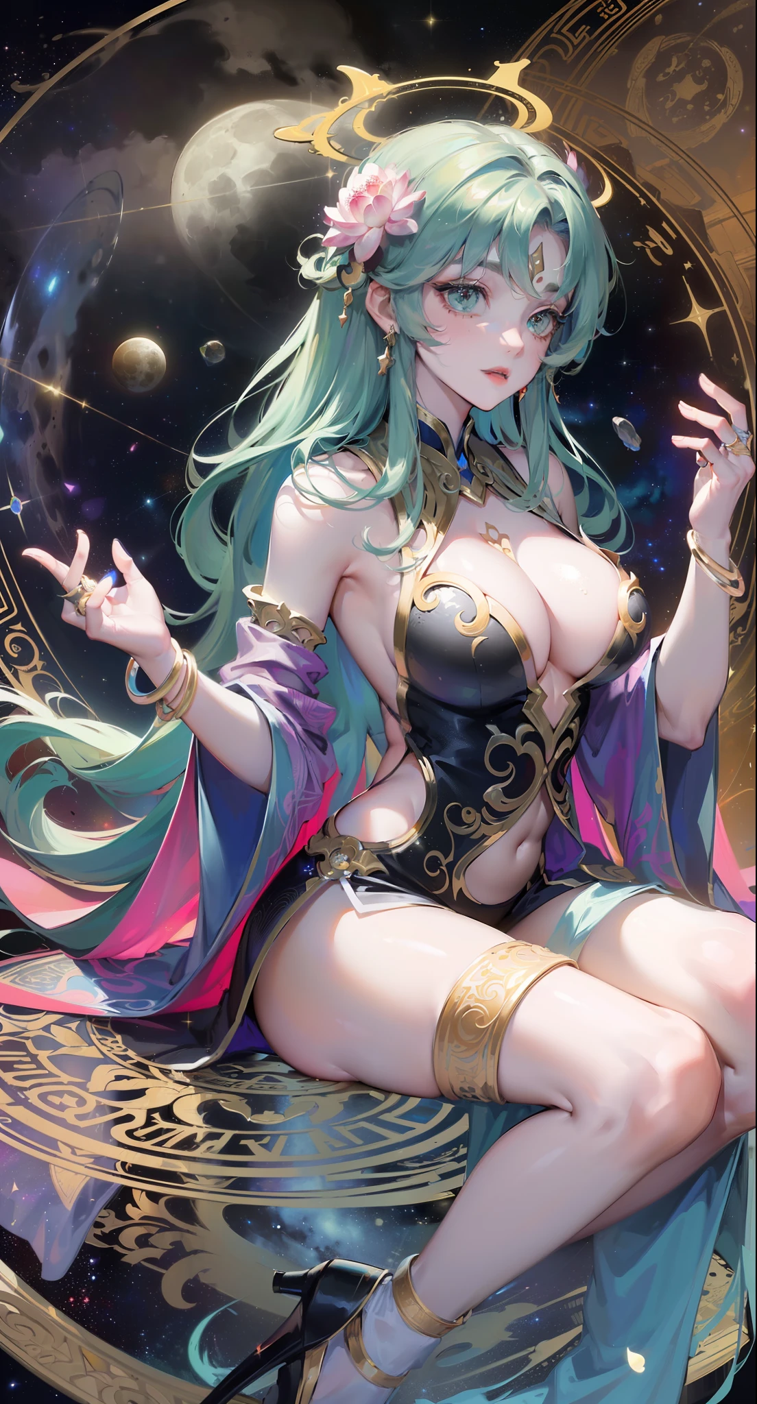 goddes,solo,(wearing suit made out of stars and galaxies and cosmic energy,intricate nebula body,starry sky water:1.25)full body shot,(Guanyin sitting lotus,hand magic circle,full moon Saturn ring halo,Blossoming flowers branches hair:1.3),a close up of a large animal with horns on the back,smooth zenithal lighting,official artwork