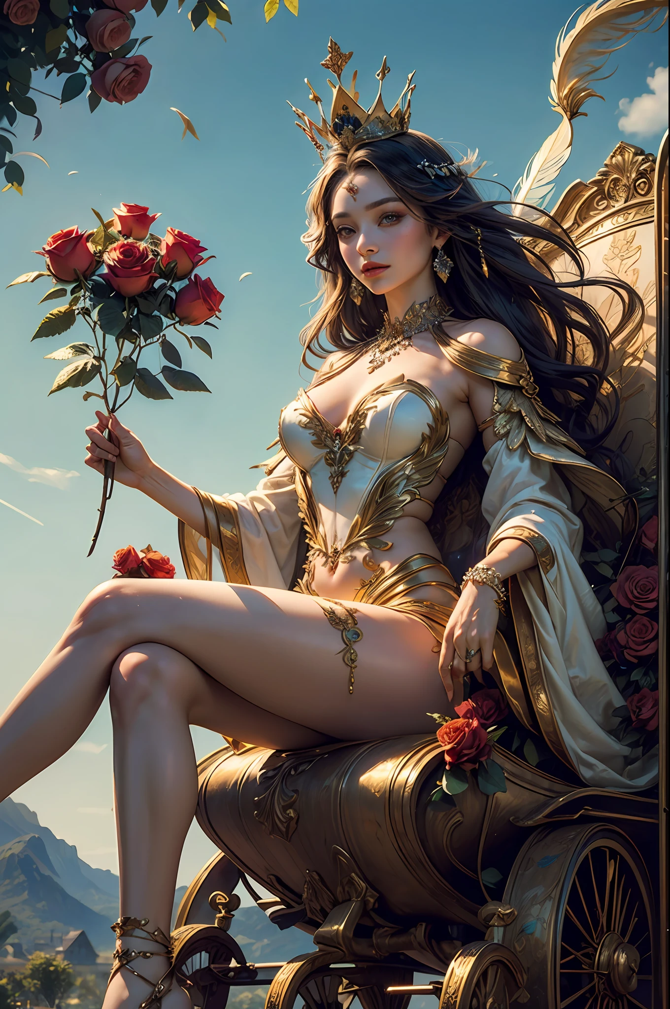 ((majestic goddess Venus:1.2),seated gracefully on a chariot, adorned with {(vibrant feathers:1.1),(resplendent crown made of roses and myrtle leaves:1.1)},hair flowing elegantly)