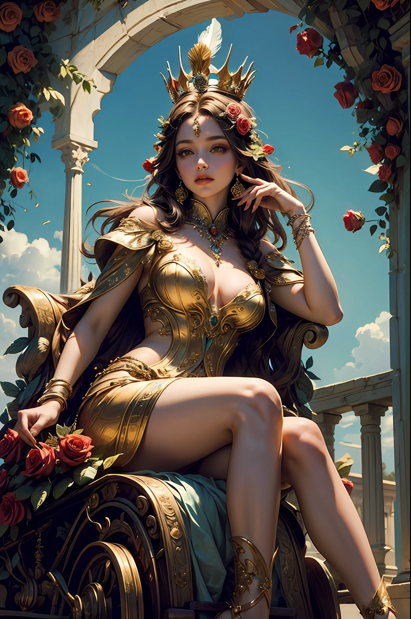 ((majestic goddess Venus:1.2),seated gracefully on a chariot, adorned with {(vibrant feathers:1.1),(resplendent crown made of roses and myrtle leaves:1.1)},hair flowing elegantly)