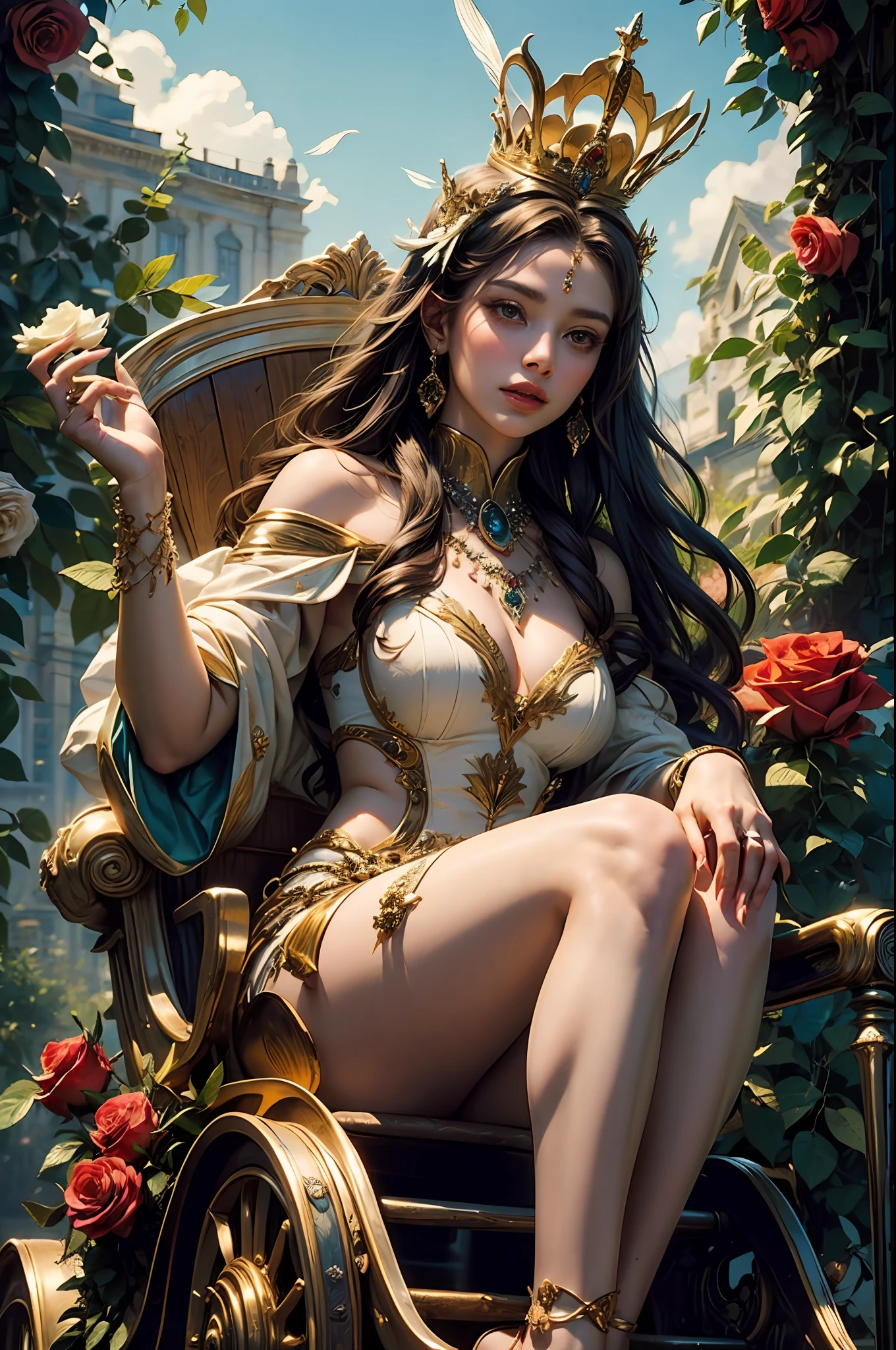 ((majestic goddess Venus:1.2),seated gracefully on a chariot, adorned with {(vibrant feathers:1.1),(resplendent crown made of roses and myrtle leaves:1.1)},hair flowing elegantly)