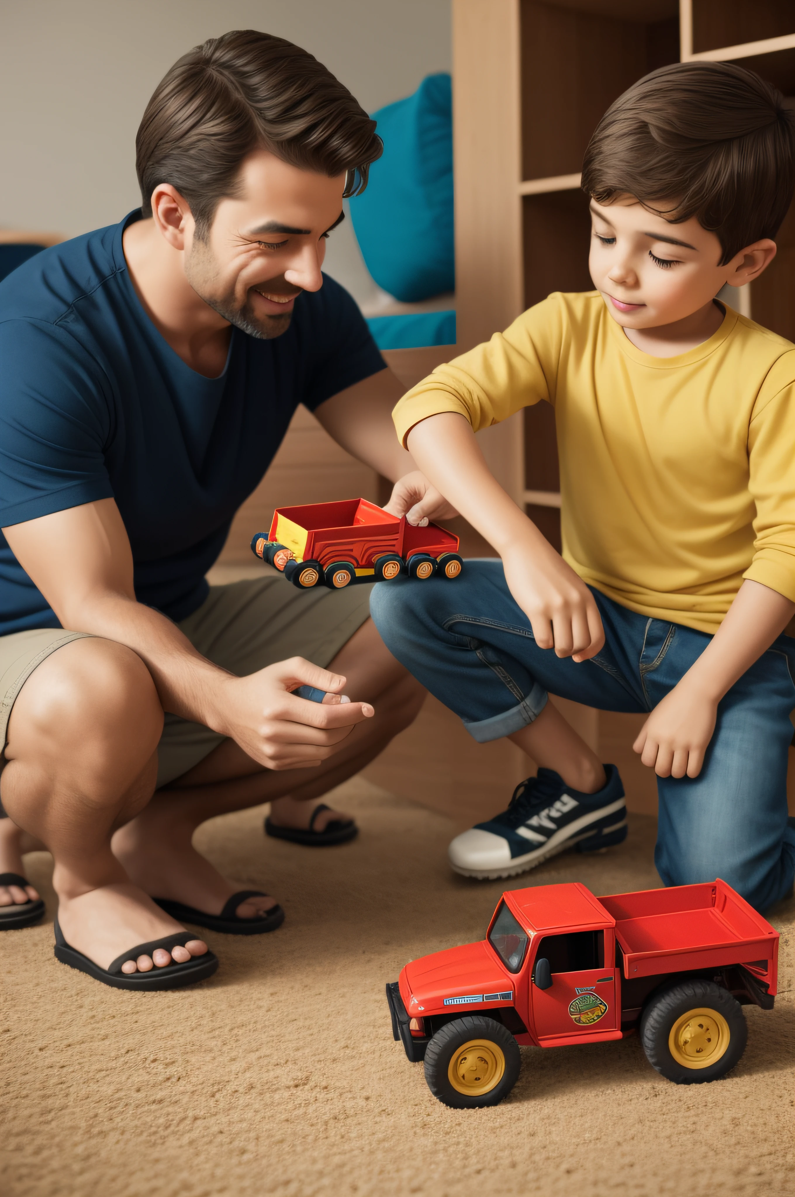 A father with his son playing with toy trucks in a realistic art scene