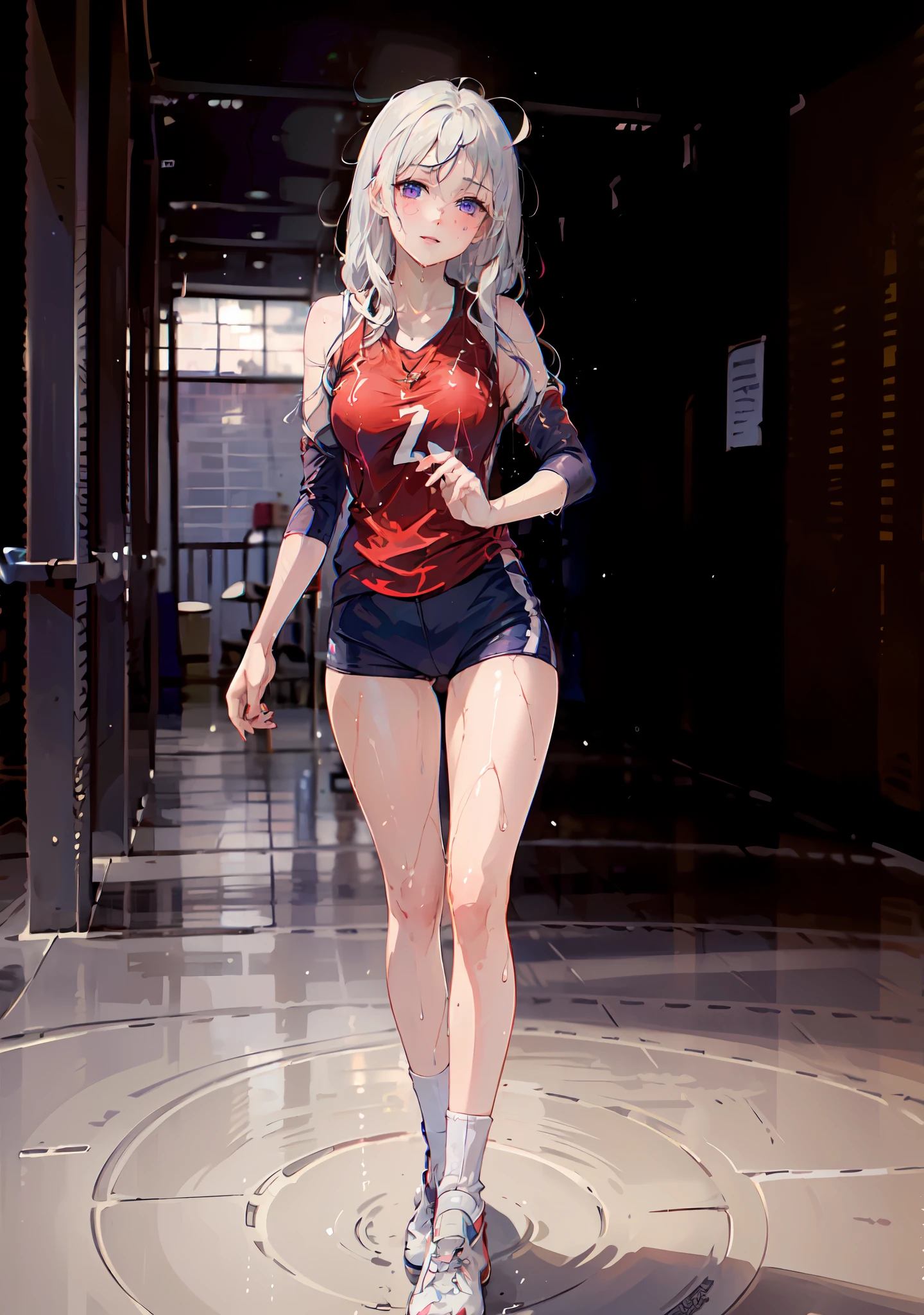 ((((masterpiece, best quality, high resolution)))), 1girl, white hair, purple eyes, short wavy hair, average breasts, blush, light smile, parted lips, glow, thighs, bare shoulders, collarbone, narrow waist, cleavage, (beautiful detailed face, beautiful detailed eyes), volleyball court, sweat, dripping wet, wet clothes, see-through