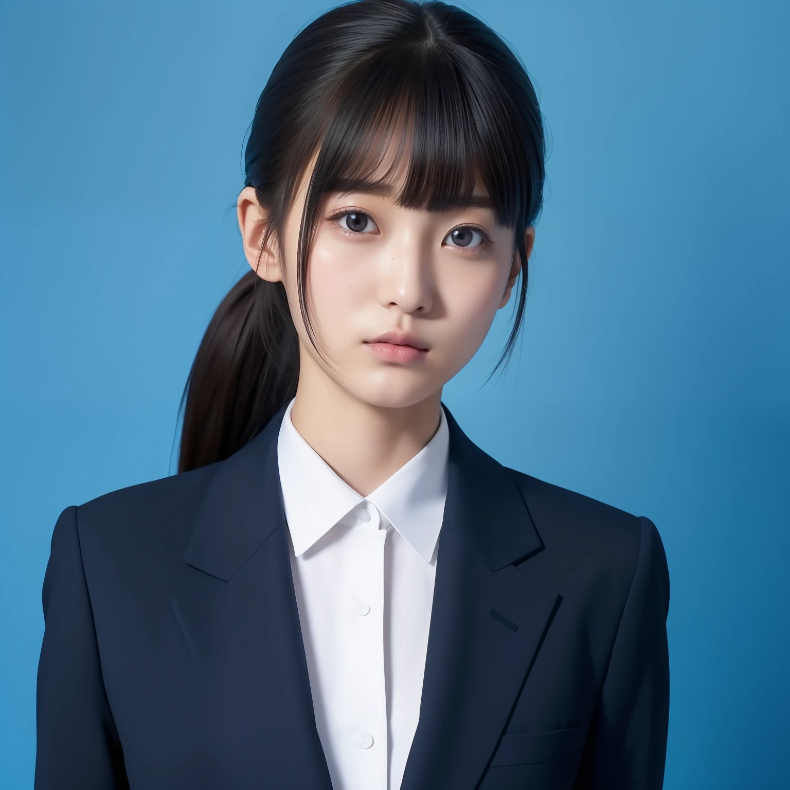 japanes、28 year old、femele、Wearing a black recruit suit、poneyTail、Bangs are down、Suppin、Looks faint-hearted、light skinned、ID photo、A slender、Solid blue background