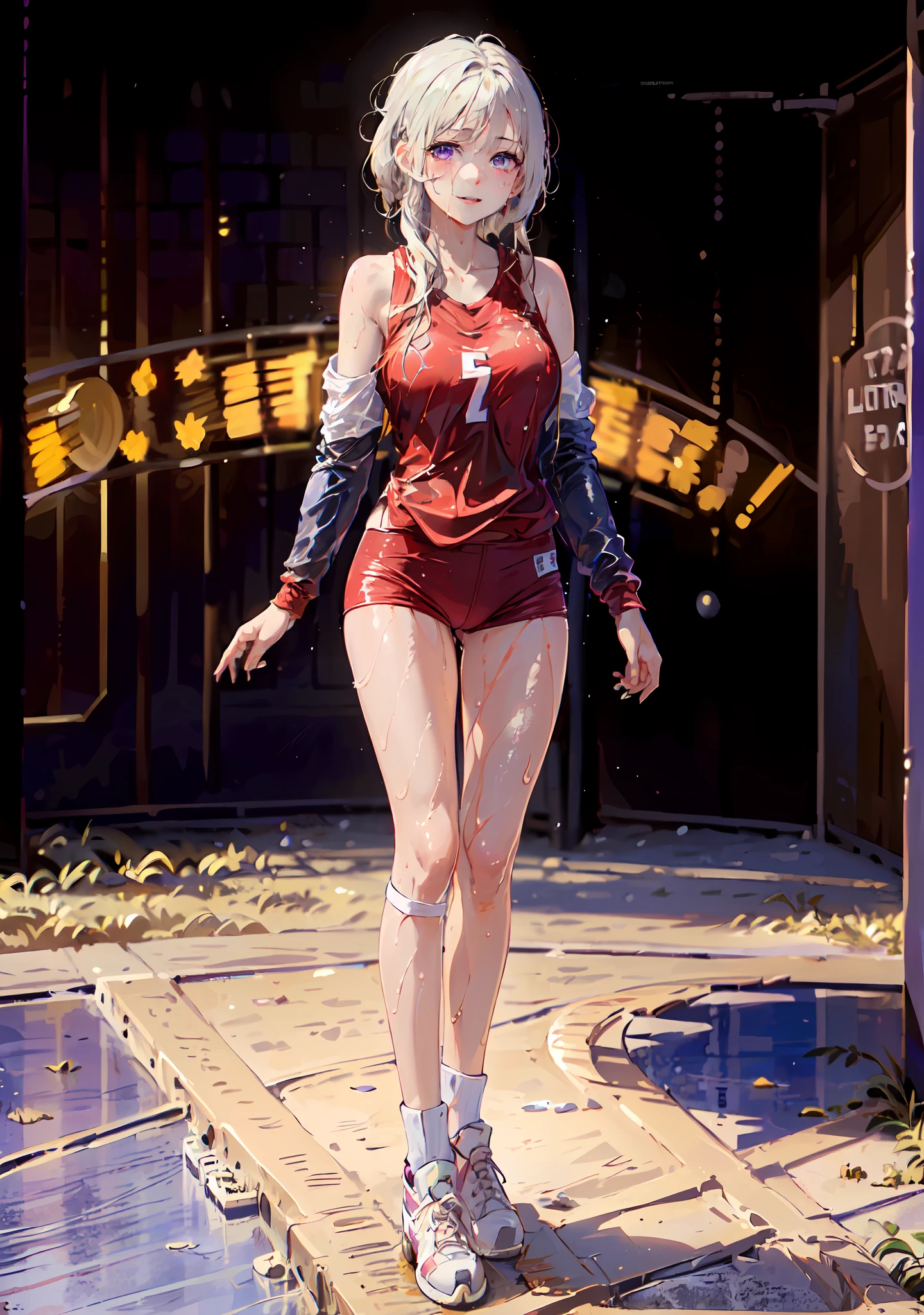 ((((masterpiece, best quality, high resolution)))), 1girl, white hair, purple eyes, short wavy hair, average ???????, blush, light smile, parted lips, glow, thighs, ???? shoulders, collarbone, narrow waist, cleavage, (beautiful detailed face, beautiful detailed eyes), volleyball court, sweat, dripping wet, wet clothes, see-through