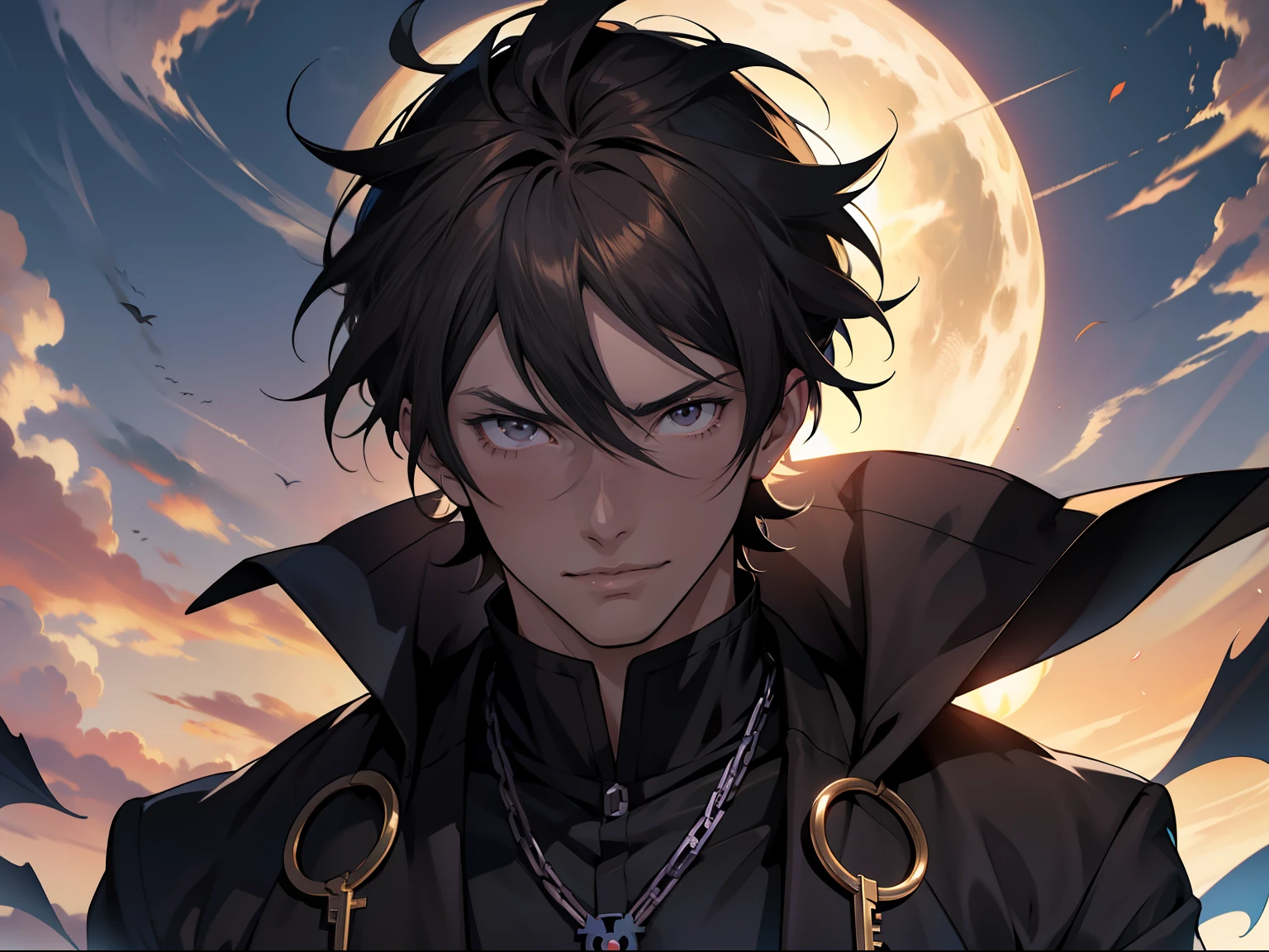 Anime boy in rye with the sun rising, Anime handsome man,brunette color hair,black-clad, Handsome anime pose, Anime portrait of a handsome man, inspirado em Okumura Masanobu, handsome guy in demon killer art, Tall anime guy with black eyes, Key anime art, inspired by Okumura Togyu, key anime visuals, young anime man