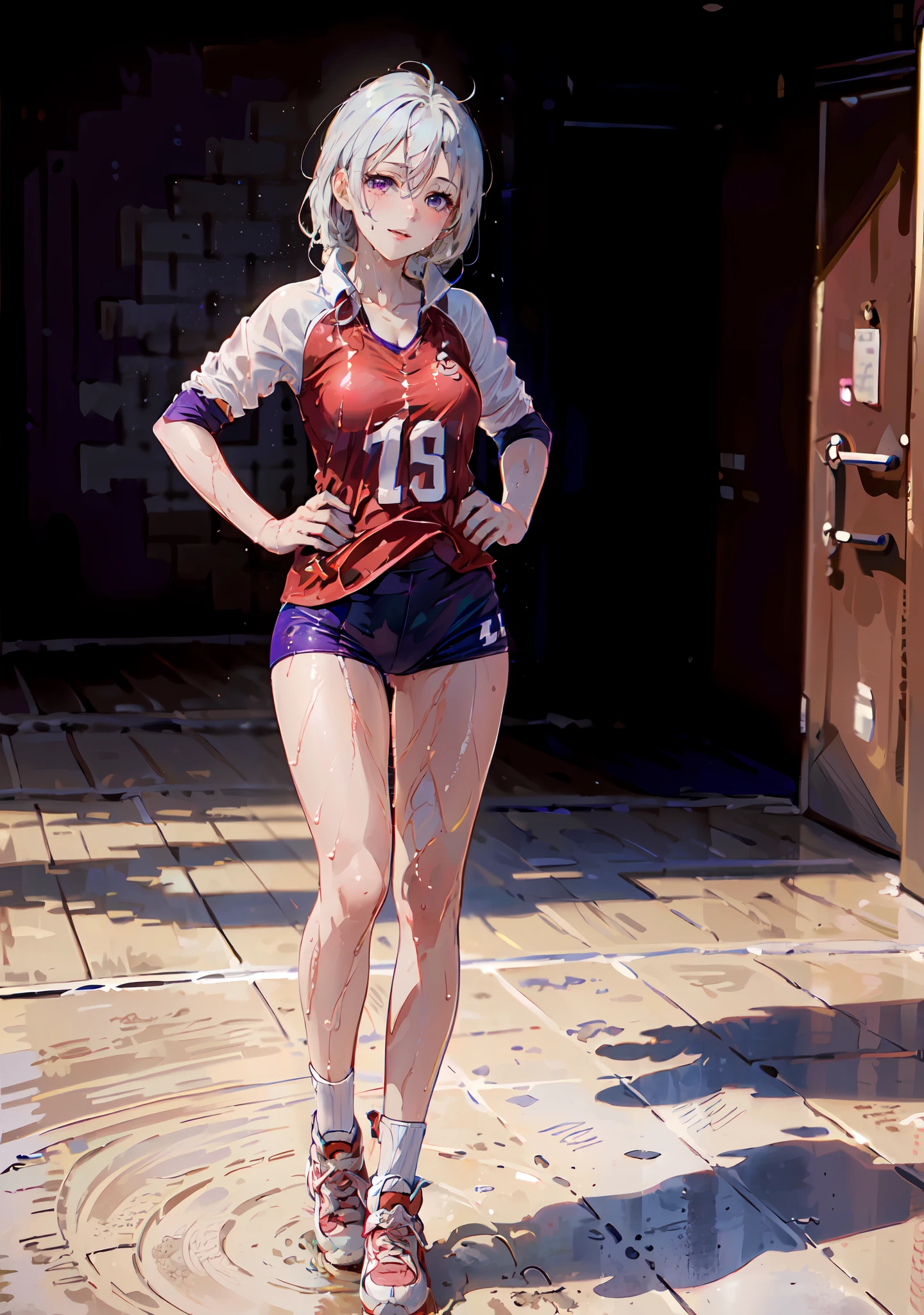 ((((masterpiece, best quality, high resolution)))), 1girl, white hair, purple eyes, short wavy hair, average breasts, blush, light smile, parted lips, glow, thighs, bare shoulders, collarbone, narrow waist, cleavage, (beautiful detailed face, beautiful detailed eyes), volleyball court, sweat, dripping wet, wet clothes, see-through