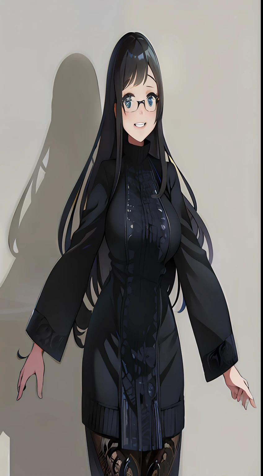 anime - style image of a woman with long hair and glasses, anime moe artstyle, smooth anime cg art, fullbody portrait, anime full body illustration, anime girl wearing a black dress, full-body character portrait, character full body portrait, full body portrait of a short!, full body character portrait, !!full body portrait!!, fanartbest quality, masterpiece, 1girl, , best face, rim lighting, (high detailed skin:1.2), 8k uhd, high quality, high resolution, 4k, 8k, bokeh, absurdres, best ratio four finger and one thumb, amazing ilustration, best background matching, anime style 4 k, beautiful background, ultra hd 8K, simetrical eyes, beautiful eyes, detailed eyes, detailed pupil, black eyes, best anatomy, gently smile