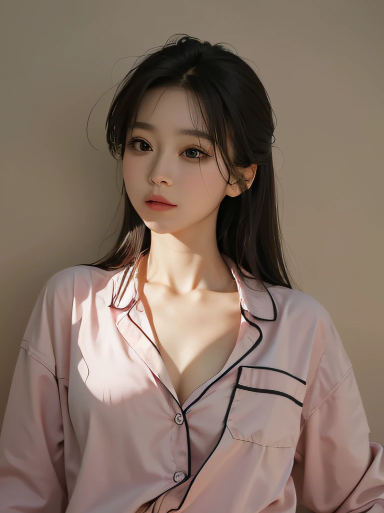 Arad woman posing for photo in pink shirt and black pants, gorgeous young korean woman, Soft morning lighting, soft portrait shot 8 k, Beautiful young Korean woman, Korean girl, beautiful south korean woman, ((pink )), Soft pink, ulzzang, Beautiful soft lighting, young adorable korean face, The lips are thin, Smooth pink skin