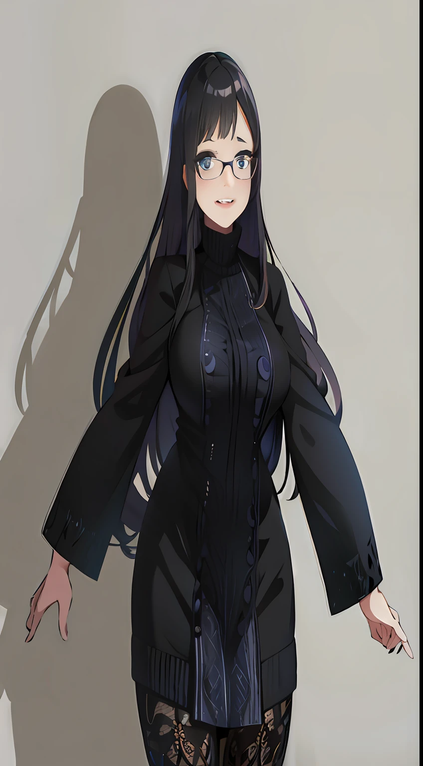 anime - style image of a woman with long hair and glasses, anime moe artstyle, smooth anime cg art, fullbody portrait, anime full body illustration, anime girl wearing a black dress, full-body character portrait, character full body portrait, full body portrait of a short!, full body character portrait, !!full body portrait!!, fanartbest quality, masterpiece, 1girl, 15 years old, best face, rim lighting, (high detailed skin:1.2), 8k uhd, high quality, high resolution, 4k, 8k, bokeh, absurdres, best ratio four finger and one thumb, amazing ilustration, best background matching, anime style 4 k, beautiful background, ultra hd 8K, simetrical eyes, beautiful eyes, detailed eyes, detailed pupil, black eyes, best anatomy, gently smile