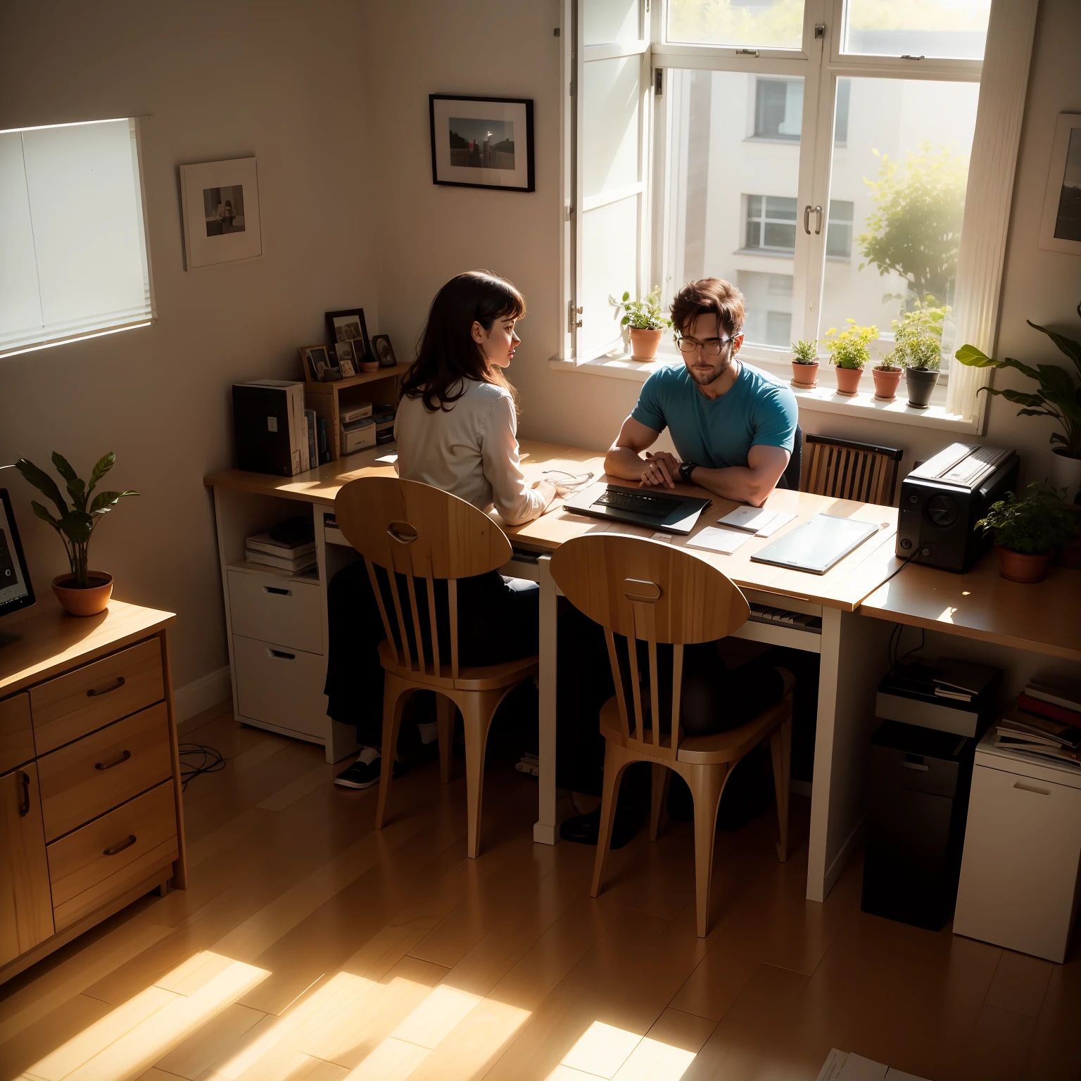 A 30-year-old couple partners to start a company,Own your own business,They work in the study,Each has a computer,There is an upright piano next to it,sun streaming in,The future is promising,The style is simple and fresh
