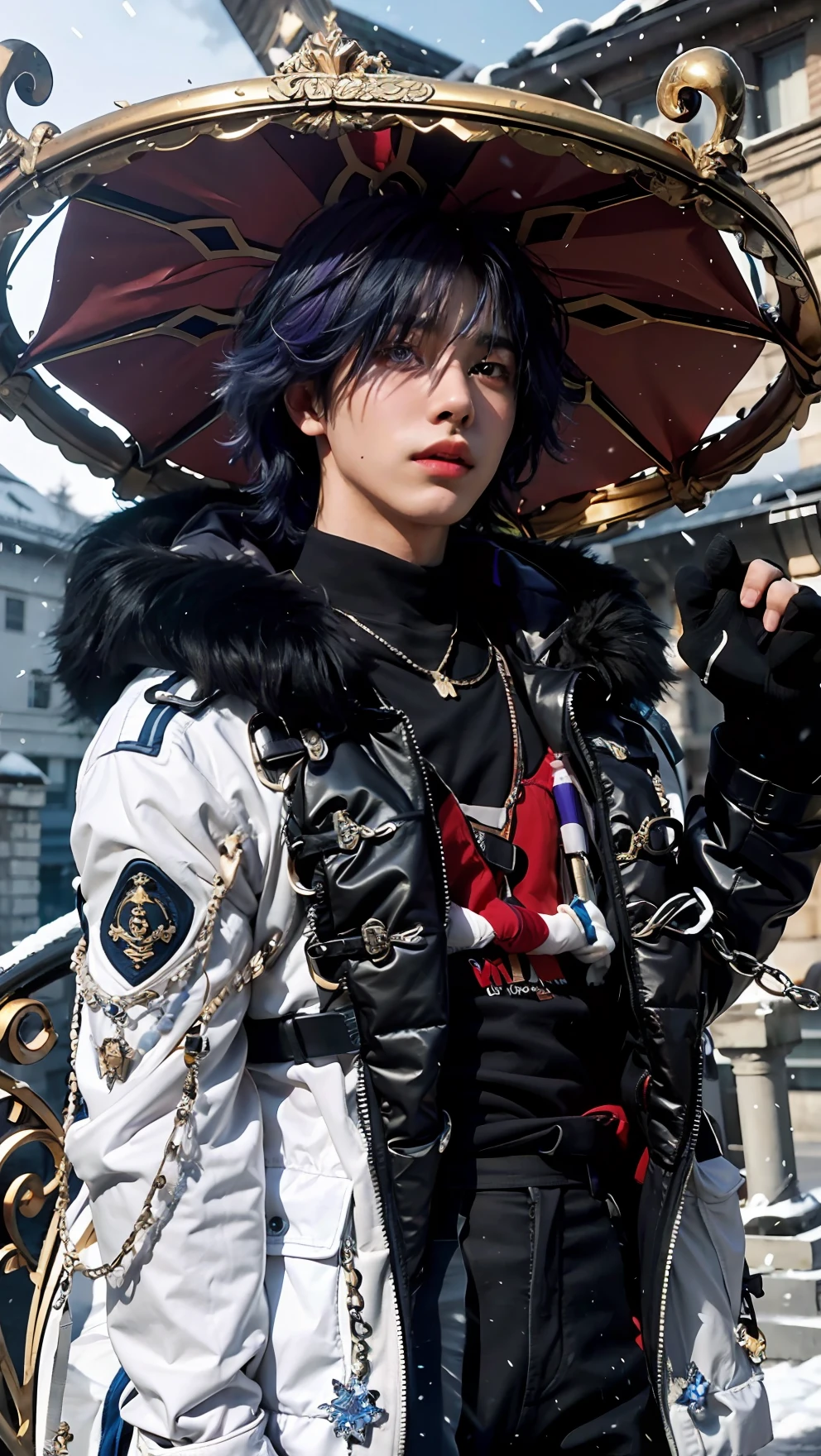 Libido boy,Handsome boy，Cute boy，Innocent face，cool guy，18 year old boy，Gay men，Blue-purple hair，Purple eyes, dark-blue hair, Facial light and shadow，plain face,Oyuki，Snowflakes dance in the air，A high resolution, 4K, Award-winning, cosplay, Snowflakes flutter in the air, Movie lighting, Masterpiece, super detailing, High quality, highly details, Movie lighting, Film graininess, true to life, Face Shadow，style of photography