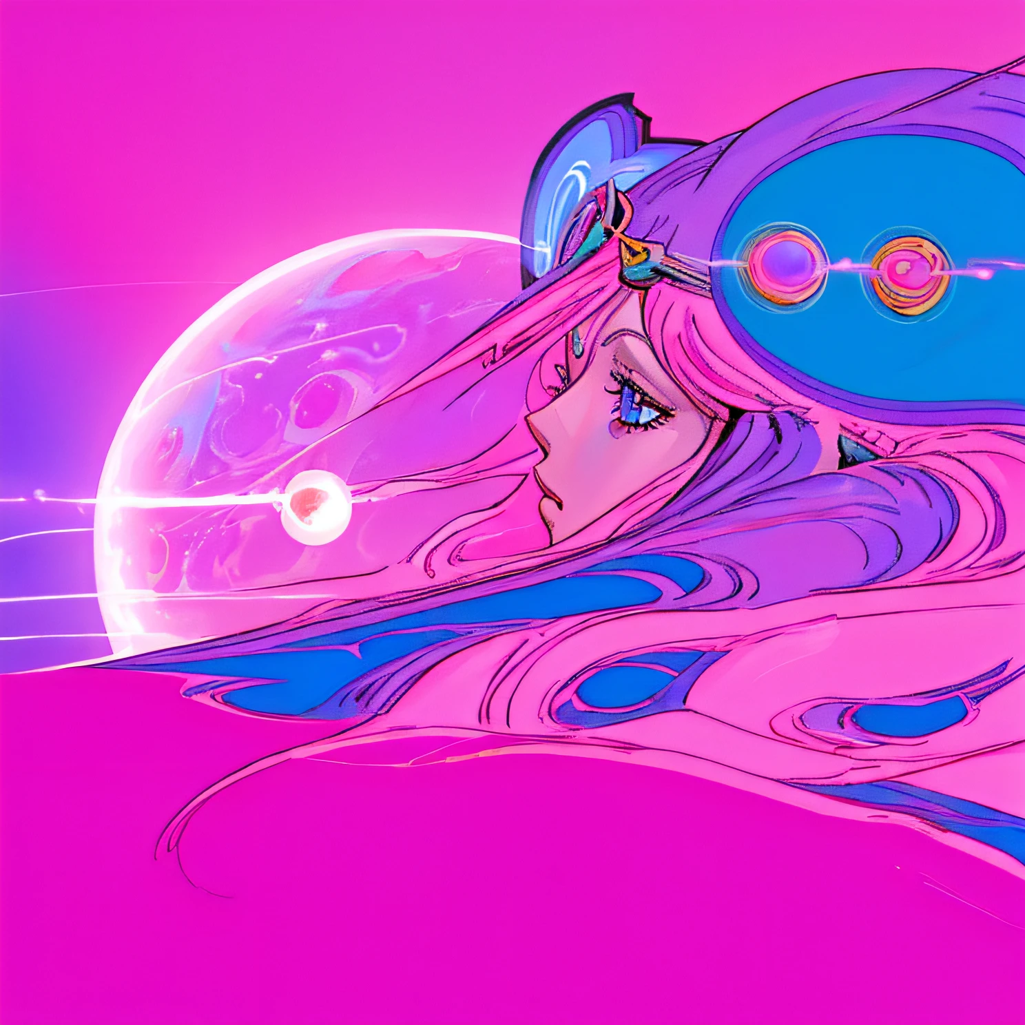 a close up of a woman with long pink hair and a purple background, jen bartel, portrait of a cosmic goddess, cosmic goddess, anime girl with cosmic hair, cyborg goddess in cosmos, cosmic girl, moebius + loish, goddess of galaxies, moebius + loish + wlop, dreamy psychedelic anime, goddess of space and time, colorful flat surreal ethereal