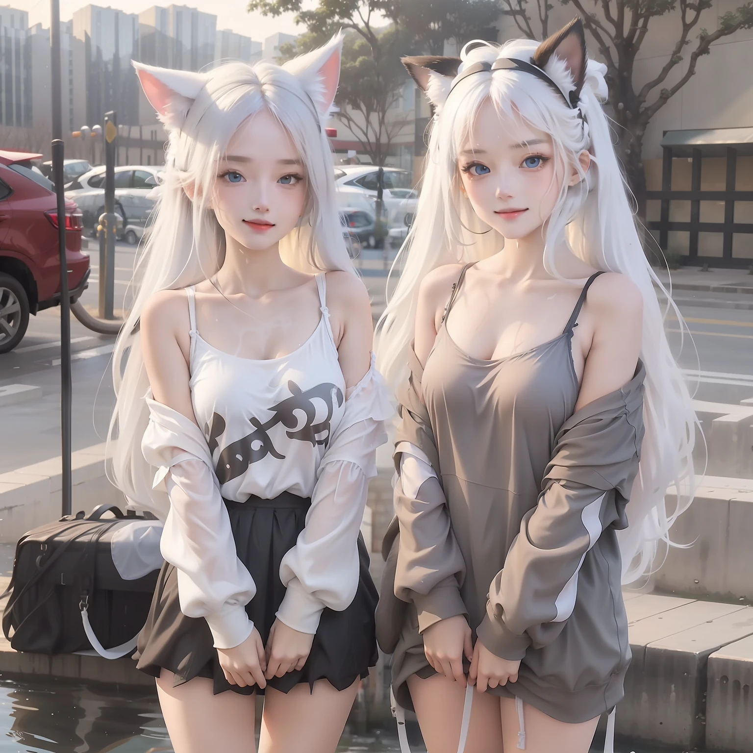 Masterpiece, Best quality, 2girls, Absurdly long hair, White hair, Beautiful detailed eyes, white colored eyelashes, cat_hor ears , Blue eyes,absurderes, cat_hor ears/nekomimi, Wet,Wet, Wet_clothes, See_Through,Bare shoulders,Very long hair,鎖骨,Comic,Light smile,white kneehighs,