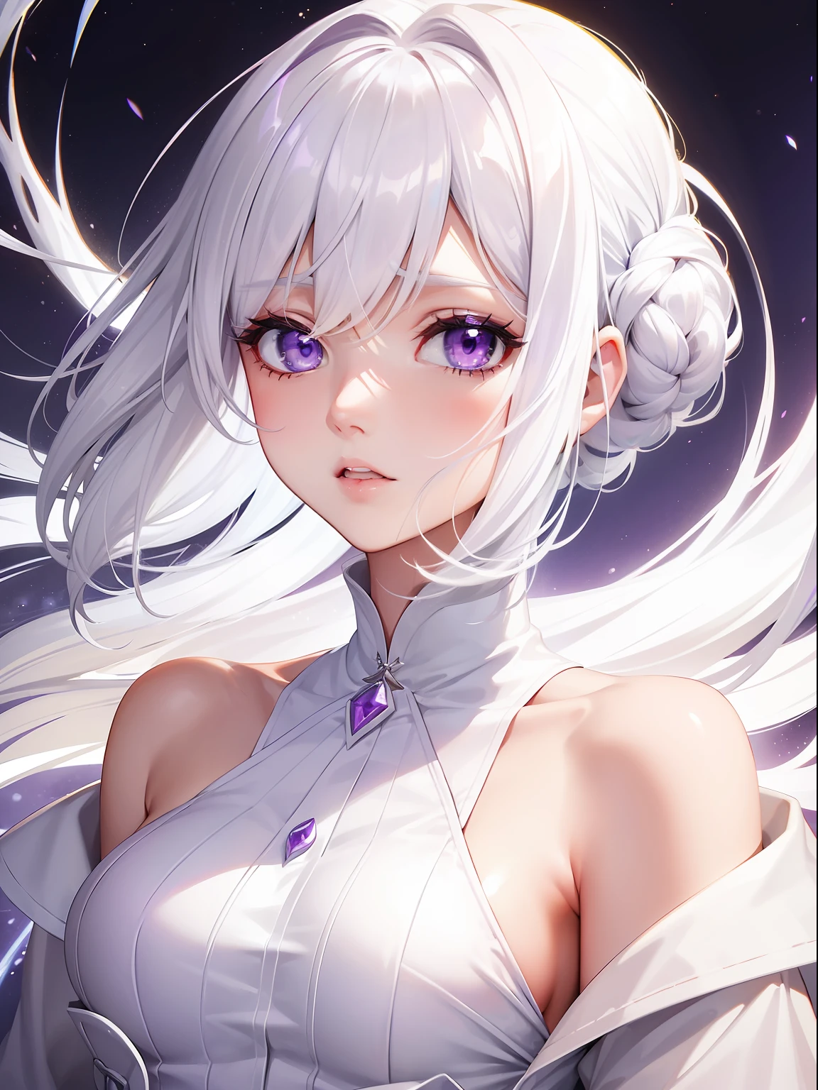 a women, white hair, purple eyes, white dress