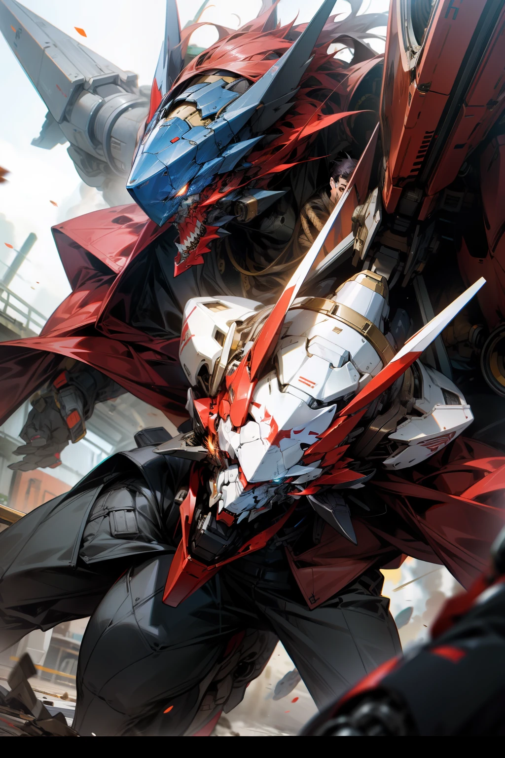 mechs,Look ahead,Holding a monster head in his hand,full bodyesbian,Behind him is the battlefield,high qulity