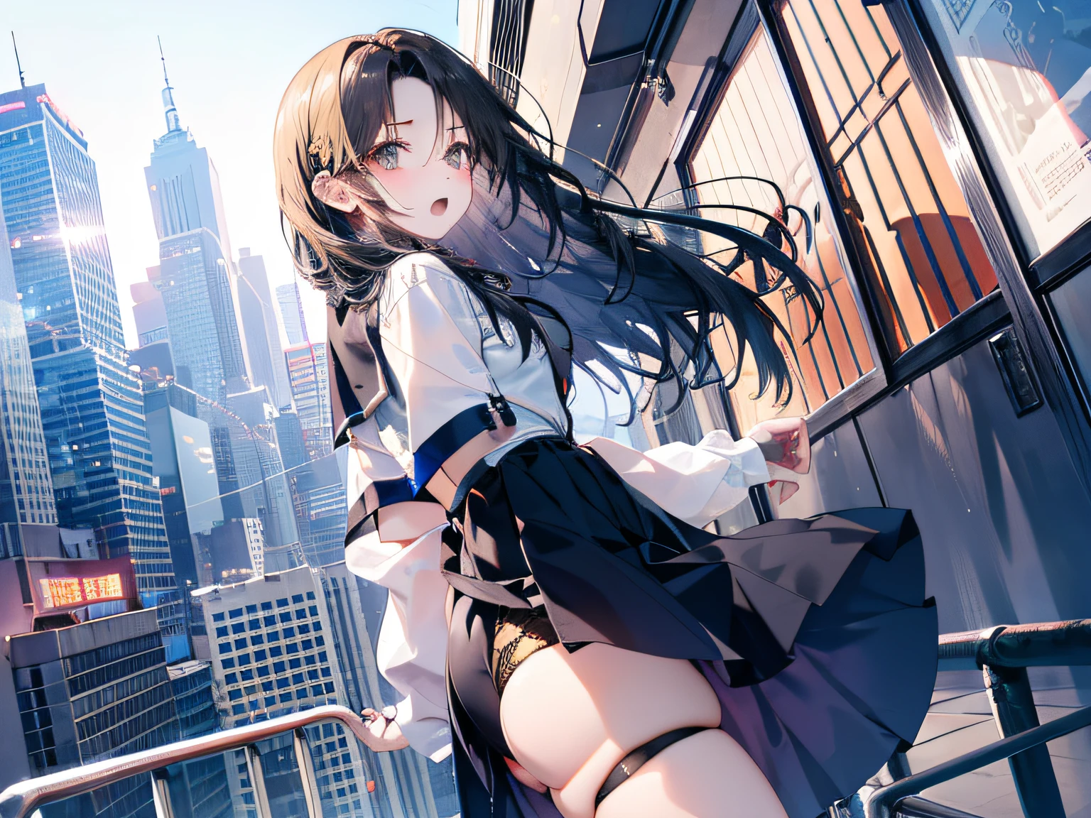 absurderes、high resolusion、top-quality、masterpiece
break
Watch the viewer、Cowboy Shots
break
(vivd colour:1.3)
Romper
(one girls:1.5),  A dark-haired, High school students、校服、Dark blue skirt,  Dark blue socks、Leather shoes、(thighs thighs thighs thighs:1.3), (breastsout:1.3),(Troubled face:1.3)、open open mouth、from the rear:1.2、looking-down、toView、Pinching the hem of the skirt:1.5、roundly eyes, (blown by the wind:0.5), (((Very pretty pale yellow panties))), (Walking on a slope,:1.3)、perfect foot、s ass、(big butts:1.3)、from below ceiling、(shinny skin:1.1)、gust of wind(the wind:1.2)、BREAK
background is(The long slopes of the city:1.3)、(Stand in the center of the screen:1.3)、
break
window、Particles of light、dynamic ungle、Dutch Angle、perspective
break
depth of field、bokeh dof、light  leaks、(chromatic abberation:1.2)、midday
break
