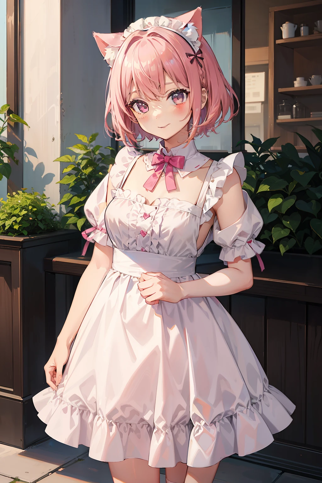 cat ear、１Girl of Man、short-hair、Pink hair、Wearing maid clothes。Standing with a smile on his face.