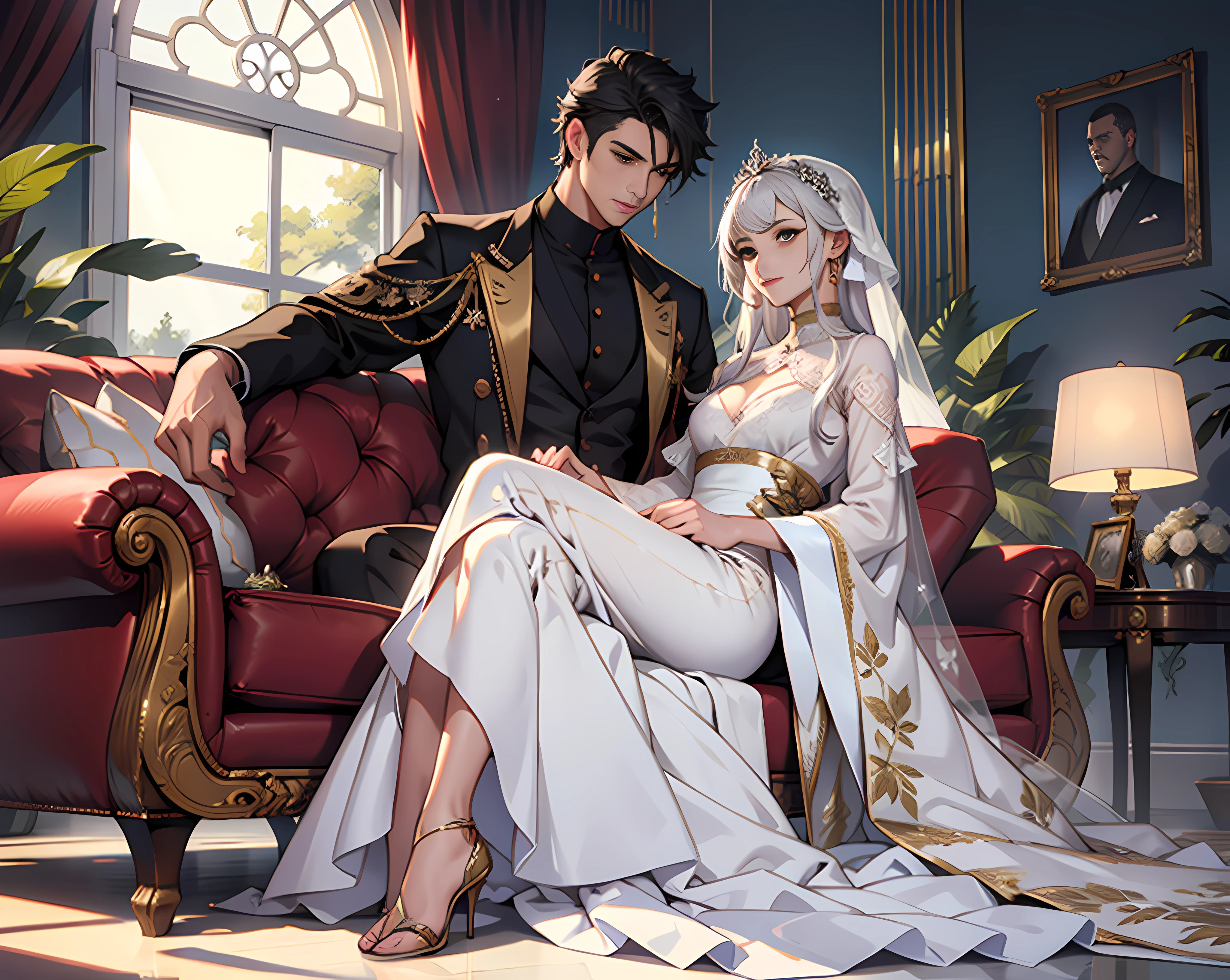 hightquality、wide angles、((low angles:1.2))、Long Shot Photography、Glamour Shot、Front or Back、(full body1.15)、1womanl、fully body photo、bionde、Sitting on the side、with extremely beautiful facial features、robe blanche、Hairpin on the head、perfect hand、Soft light、ornate、looking at the viewers、long court、 embroideries、White long dress、ren、femele、A queen、fit derrier、Beautiful veil、Pedras preciosas、ornamented、embroideries、florals、relax、lie on one's side、Georgia、relax、Males are attracted、Long sofa、Good Style、a couple, 1 man and 1,tenderness、facing back、