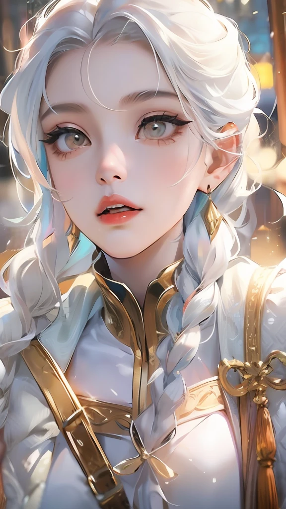 best quality, masterpiece,white hair, gold eyes,white clothes, looking up, upper body,hair strand,Fair skin,side braids