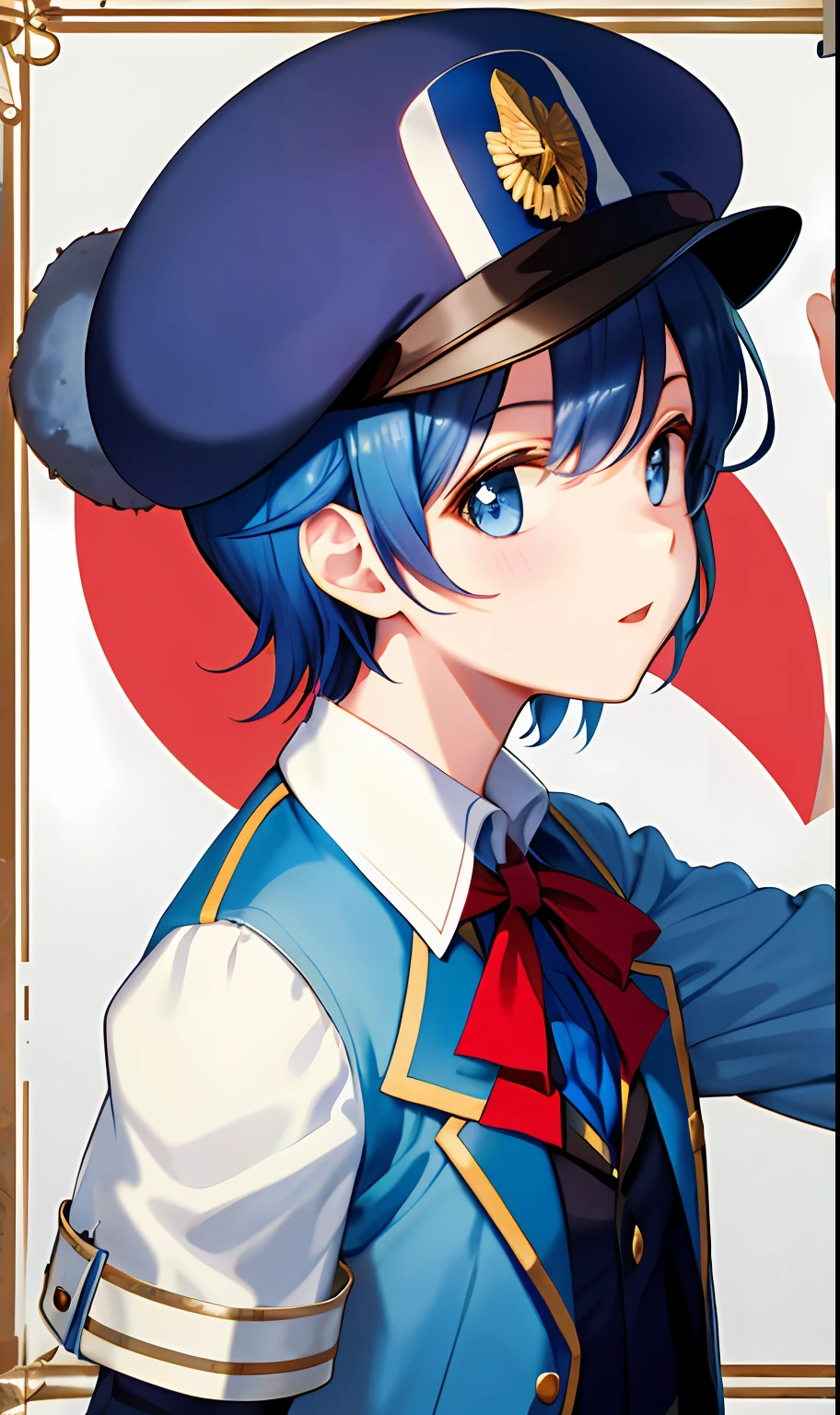 1girl, French flag emblem,blue short hair ,Long jacket,Bowler hat,Domineering