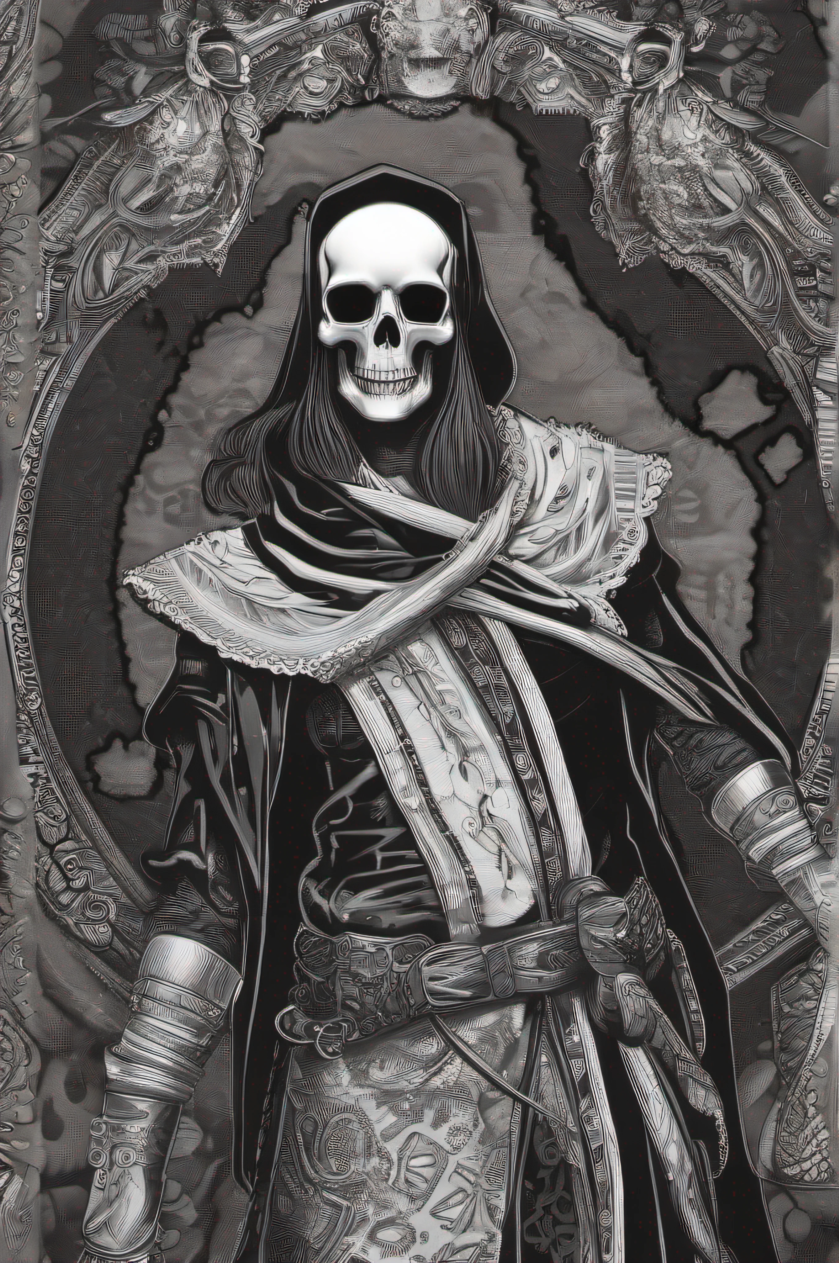 Caveira, com roupas de realza em preto e branco estilo