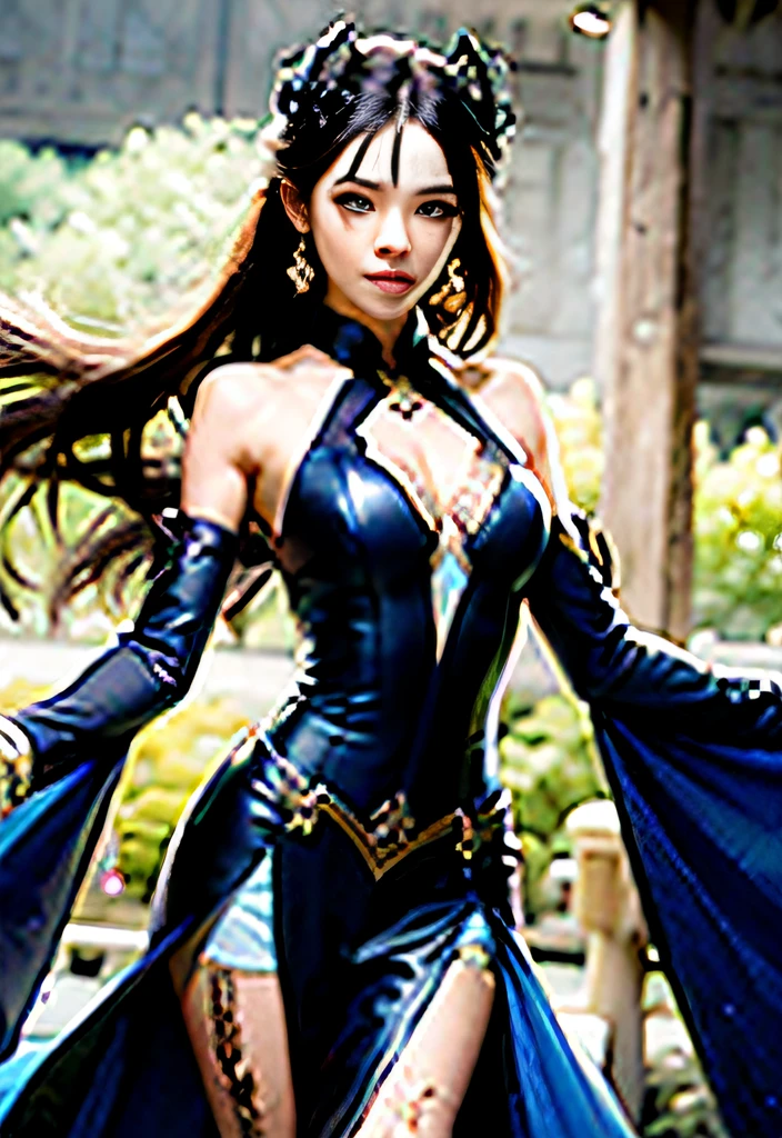 /FS,full bodyesbian,The perfect Japanese Hav masterpiece,Miniature elegance perfect body,Best face,Large brown eyes and fluffy eyelashes, Small erect chest,Straight and graceful legs and arms,Best Anatomy,The best legs,best hands,Long hair stands out like a Rapunzel, high resolution,Clear focus,Intricate details, Cherry blossom garden background,Navy blue  cheongsam dress，Cherry blossom pattern，Deep openwork on both sides, White skinny feminine panties are visible, skin pore, Shiny perfect skin, Natural complexion, Elegant dark blue high heels over 10 cm on the feet of girls, Beautiful sexyl body pose, Photorealistic, Speak in art, Best light, cinematic colorgrade, An artistic image, Shot in the style of José Vera, Fine art, 8K UHD aspect ratio 3:4