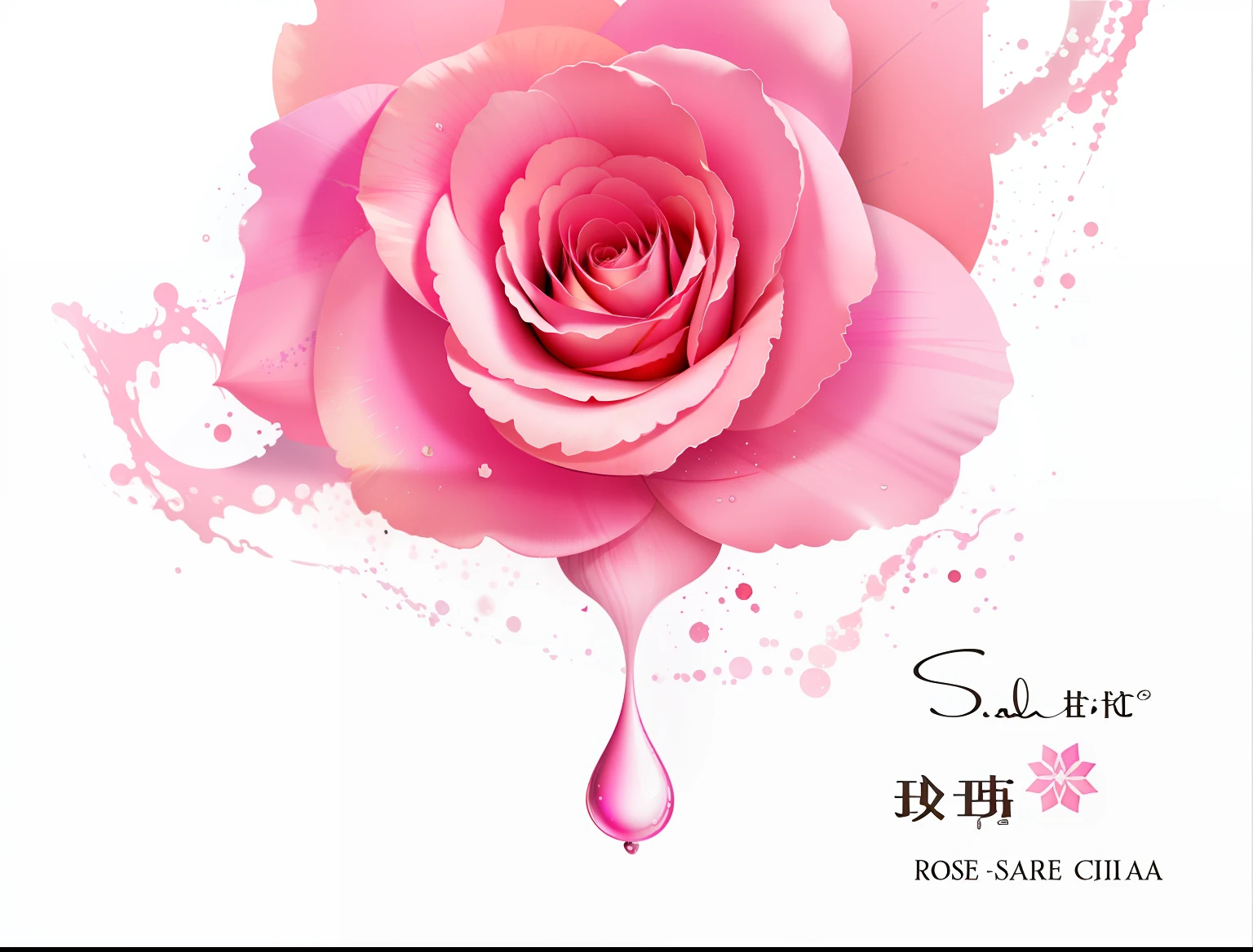 Abstract pink rose，the wallpaper，gouache painting，Bright colors，There are water droplets on the petals，The flowers and leaves are intact，Graphic design style，iintricate，Clear details，Has a small amount of metallic linear color，White clean undertone，4k，
