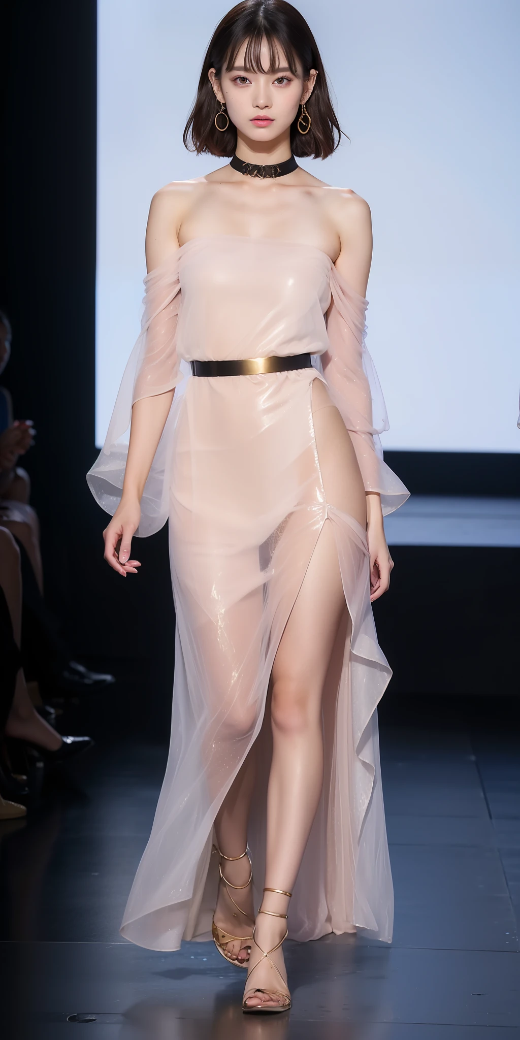 (Best quality, 8k, 32k, Masterpiece, UHD:1.2),Photo of Pretty Japanese woman, 1girl, (medium-short dark brown hair), double eyelid, fashion model,1.77meters, beautiful legs, unique maxi very wet pink dress with slit, off-shoulder, gold belt, choker, stand tall, runway, huge stage, Paris Collection, nsfw, full body, see through,,