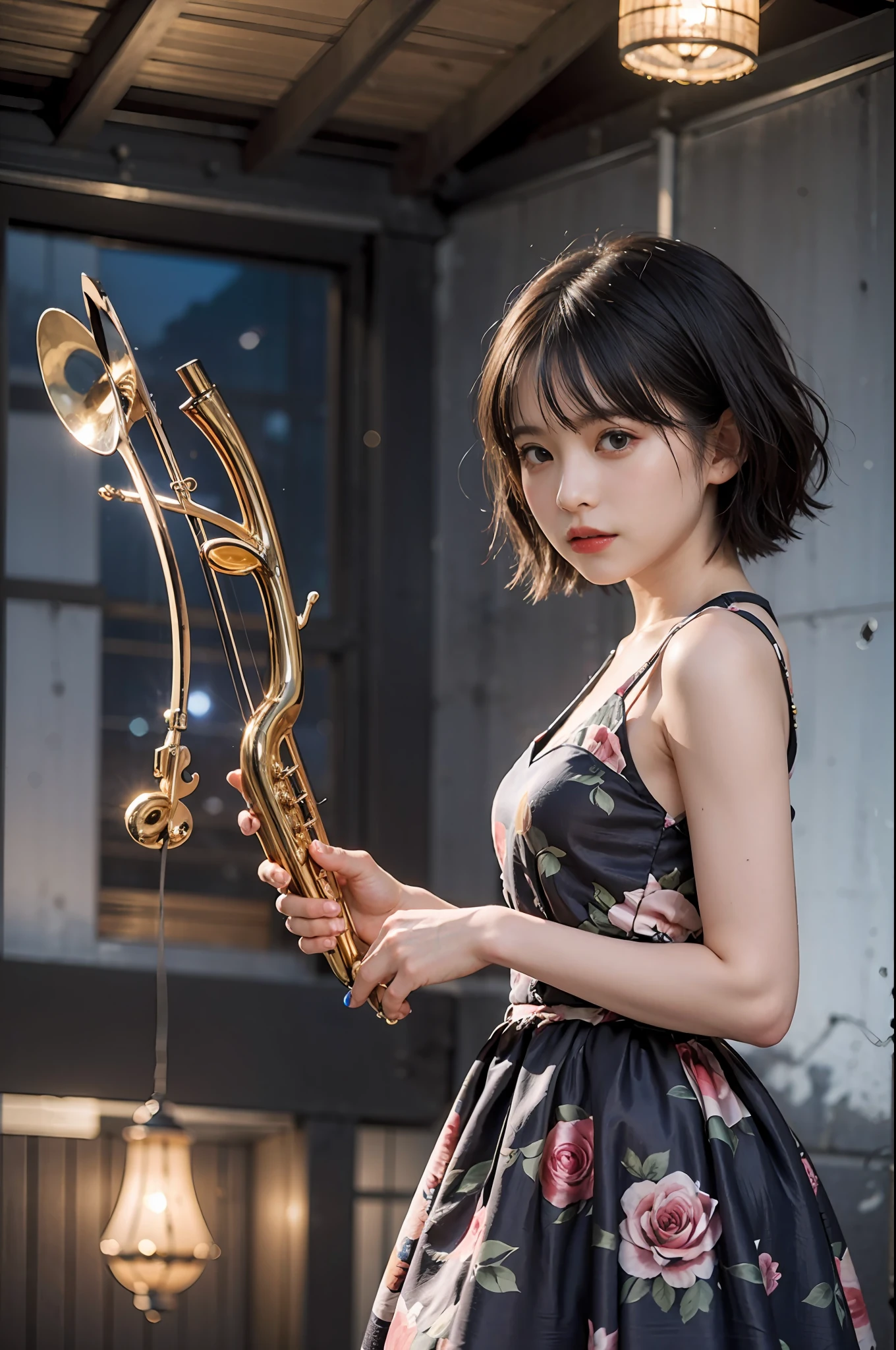 Best Quality, masutepiece, (Photorealistic:2), Ultra High Resolution, Highly detailed, A hyper-realistic, 1girl in, ((Woman playing a musical instrument)), (Longer dress), Floral pattern, colourfull_hair、(((very_Short_hair))), Short hair, Slim body, Full Shot, Looking at Viewer, Night, ((Music Hall)), Dark Scene, Dark atmosphere, spot light, myst, Detailed background