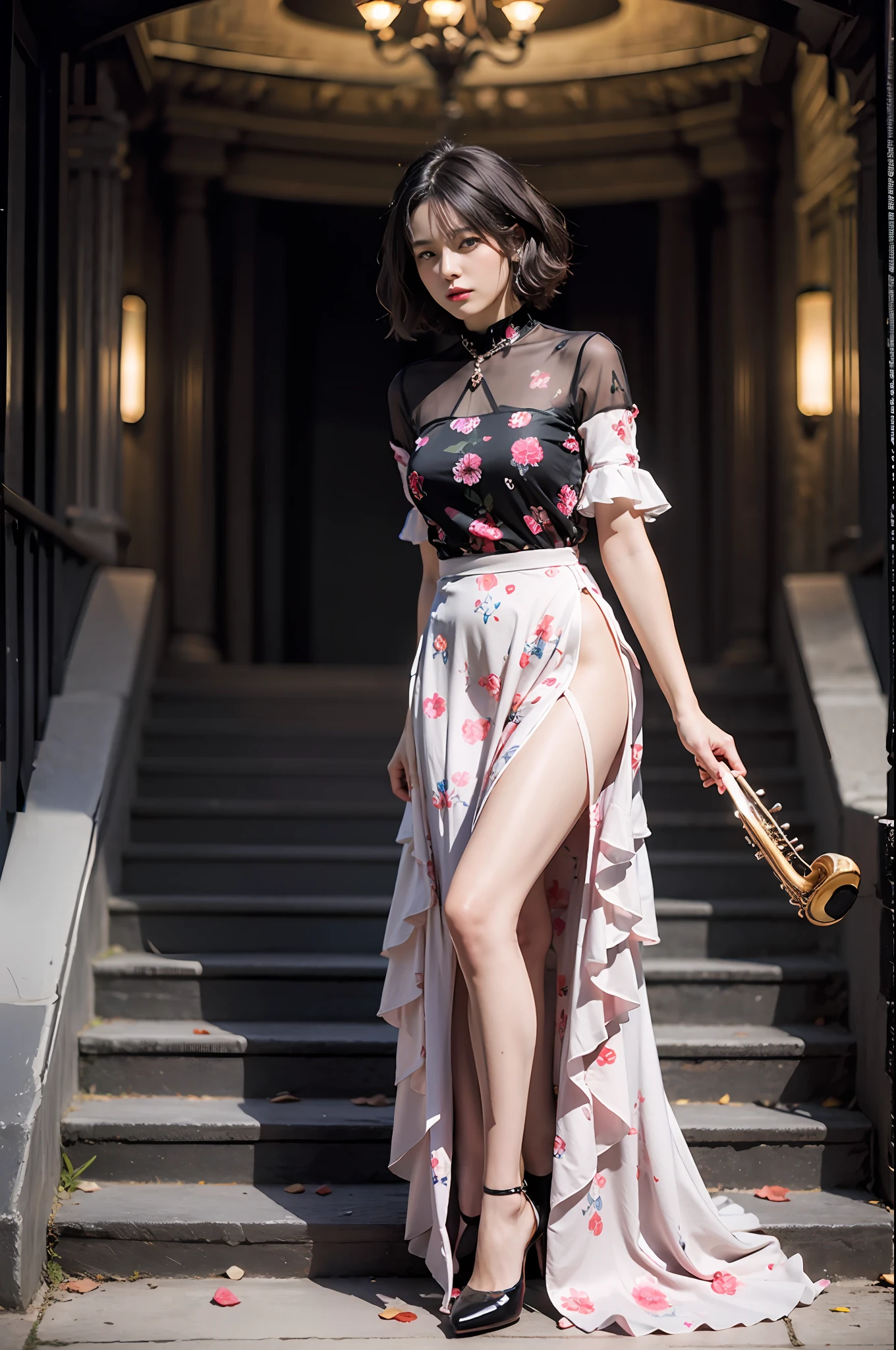 Best Quality, masutepiece, (Photorealistic:2), Ultra High Resolution, Highly detailed, A hyper-realistic, 1girl in, ((Woman playing a musical instrument)), (Longer dress), Floral pattern, colourfull_hair、(((very_Short_hair))), Short hair, Slim body, Full Shot, Looking at Viewer, Night, ((Music Hall)), Dark Scene, Dark atmosphere, spot light, myst, Detailed background
