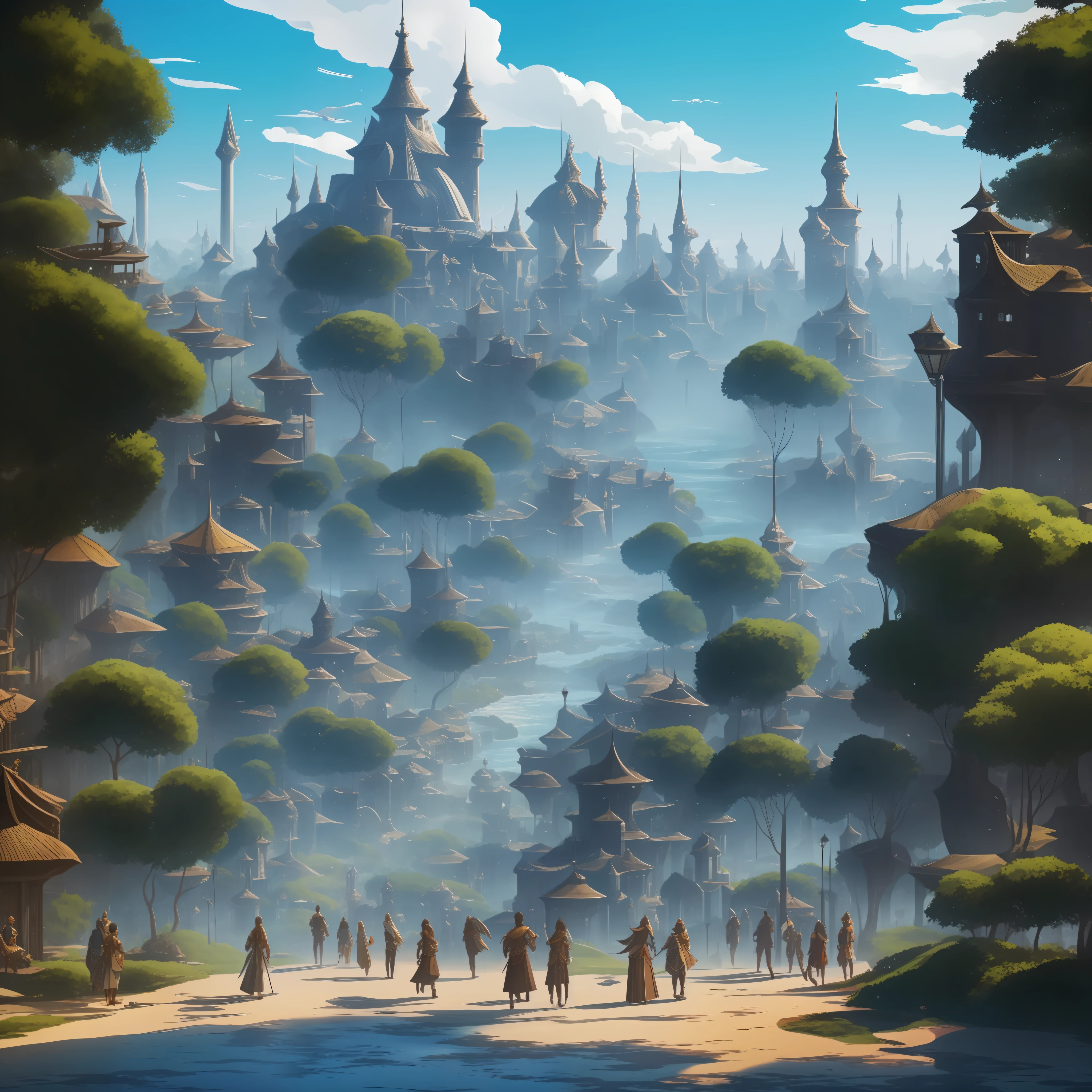 Cidade magica, rpg, arquitetura fantasia, fantasia, dia quente, blue skies, grifo voando, cidade populosa, mixed races walking together, cidade rpg