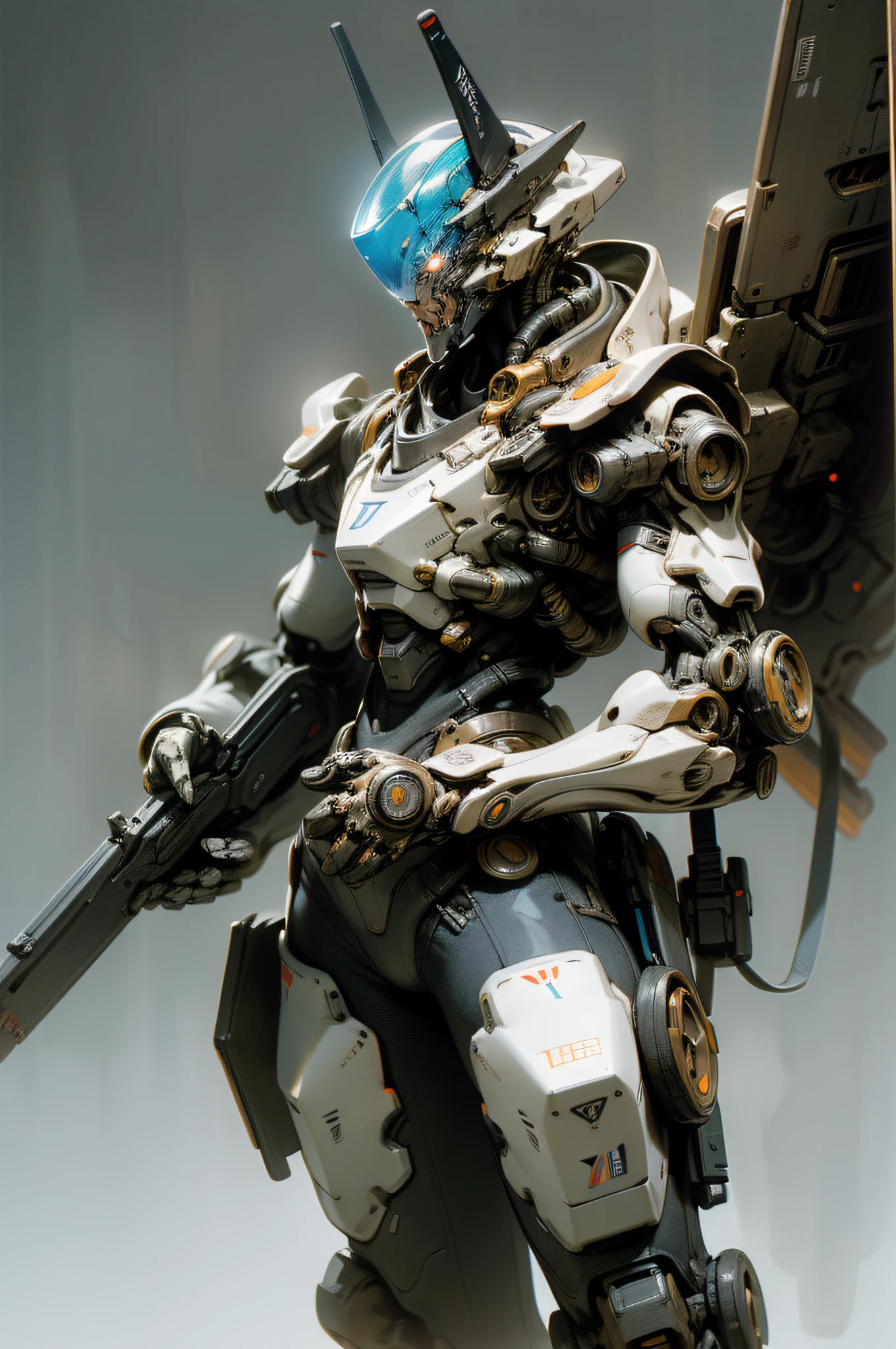 ((Masterpiece, Top Quality, Best Quality, Official Art: 1.2)), ((Game Concept Design, Tank Form: 1.5)) Very detailed, highest detail, high resolution, ((ultra-detailed)), deformed mech, light blue and white fuselage, vortex fan propellers on both shoulders, blue glowing eyes, threaded gun barrels, military giant mechs, missiles, rocks, futuristic technology, realism, cyberpunk, rule of thirds, cinematic lighting, saturated contrast, (simple background, Solid background: 1.3)