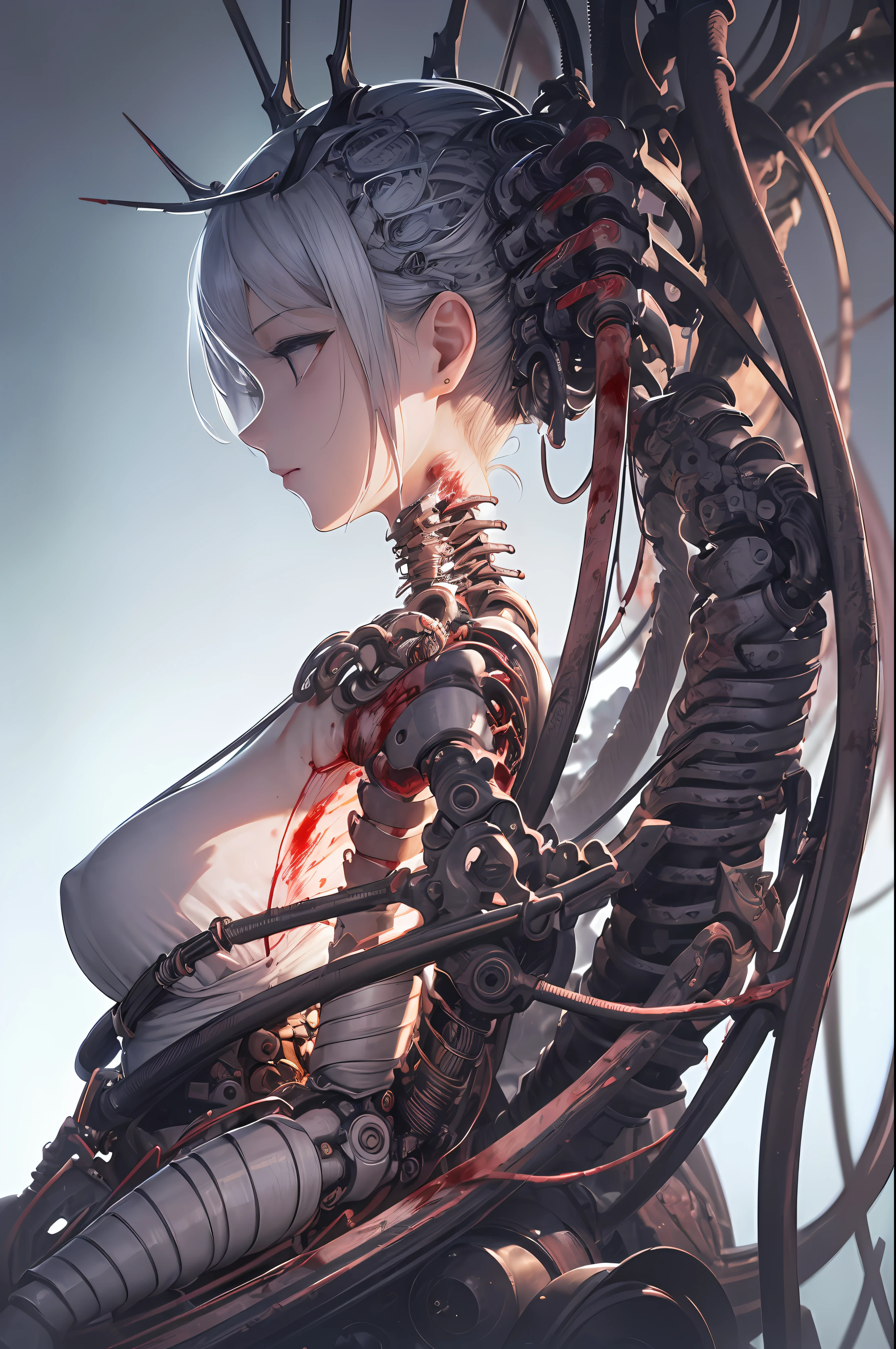 (masterpiece, top quality, best quality, official art, beautiful and aesthetic:1.2), (1girl:1.3), extreme detailed,colorful,highest detailed ((ultra-detailed)), (highly detailed CG illustration), ((an extremely delicate and beautiful)),(from side),cinematic light,((1mechanical girl)),solo,full body,(machine made joints:1.2),((machanical limbs)),(blood vessels connected to tubes),(mechanical vertebra attaching to back),((mechanical cervial attaching to neck)),(sitting),expressionless,(wires and cables attaching to neck:1.2),(wires and cables on head:1.2)(character focus),science fiction,white background,(blood:1.5)