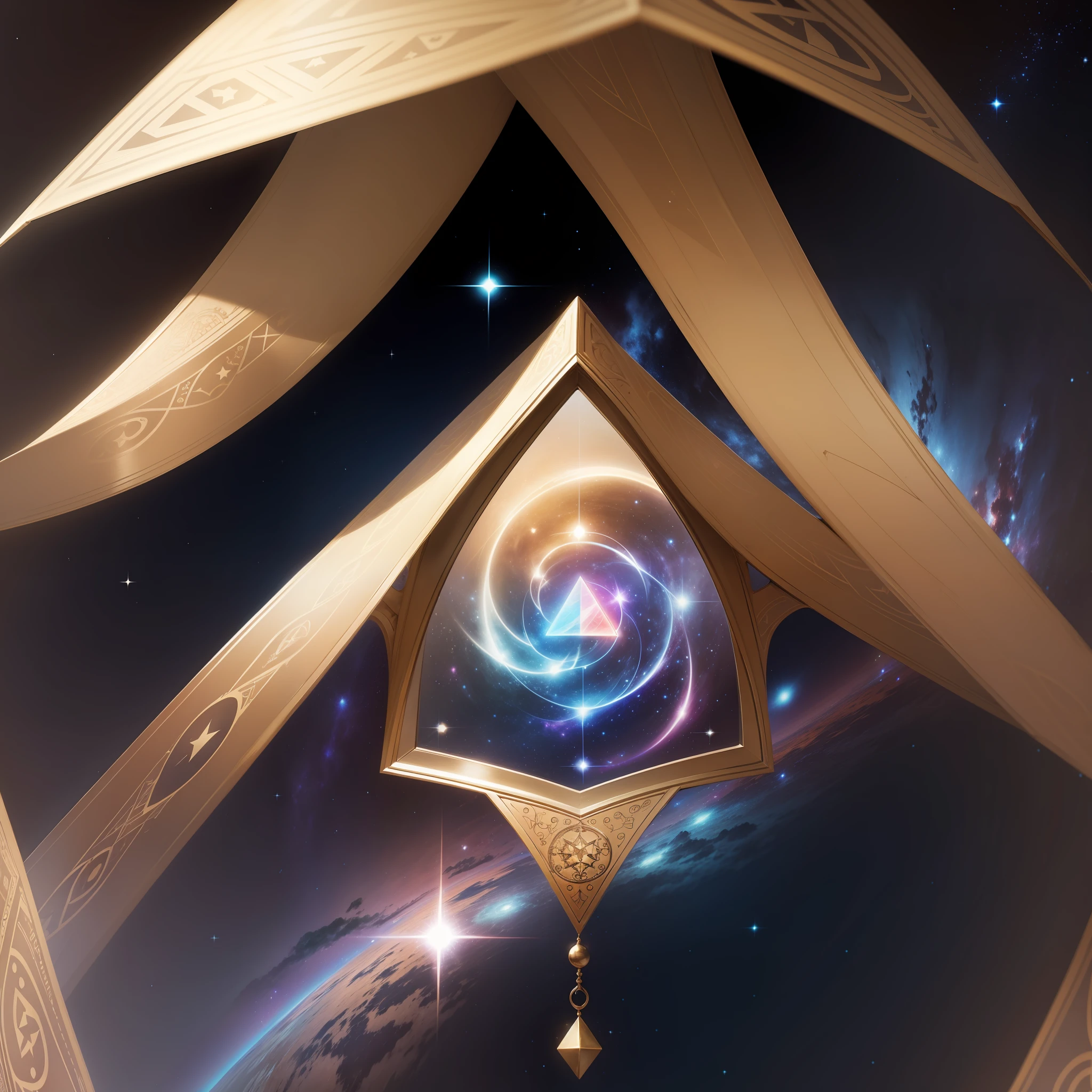 An equilateral triangle，The background is a galaxy，There are some signs of wind signs around，Astrolabe pattern，tmasterpiece，Perfect details